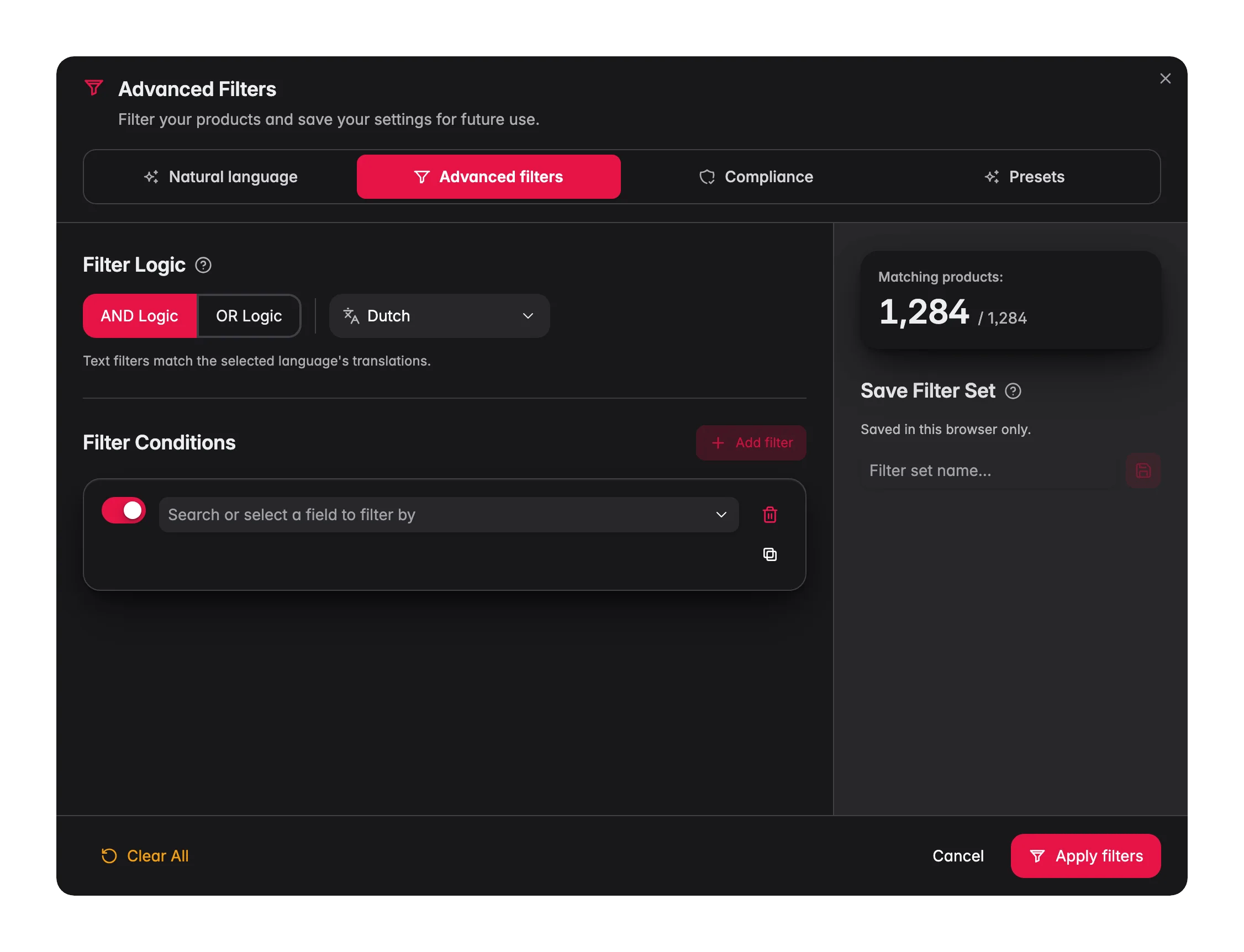 Building advanced product filter conditions in WISEPIM