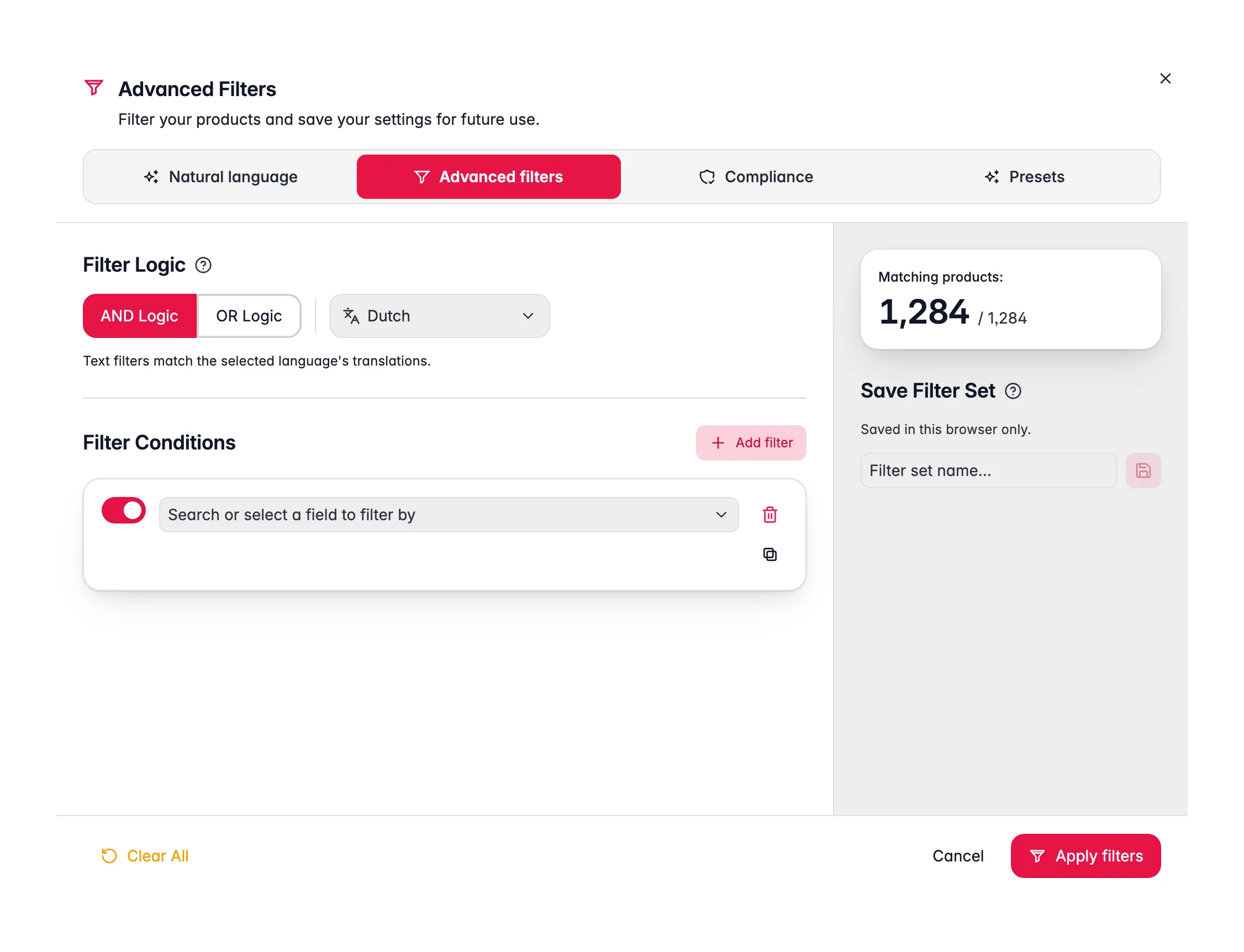 Building advanced product filter conditions in WISEPIM