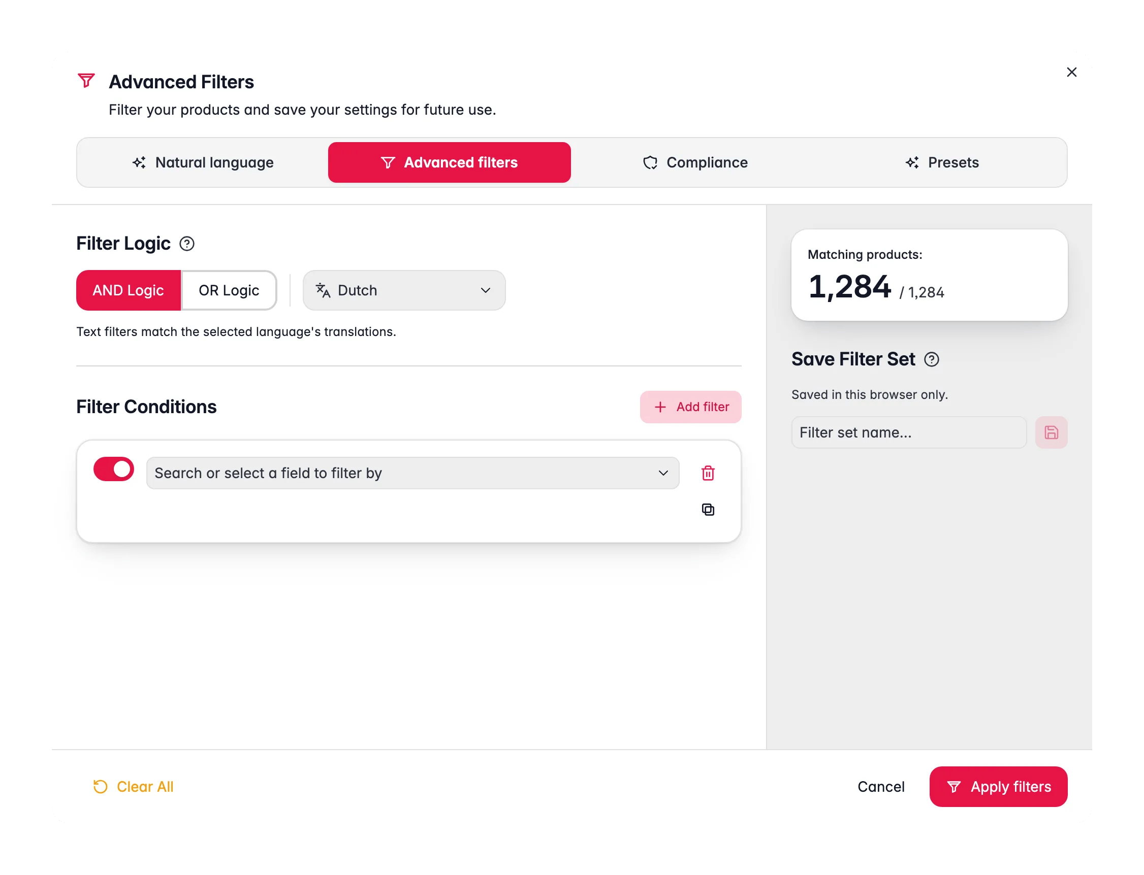 Building advanced product filter conditions in WISEPIM