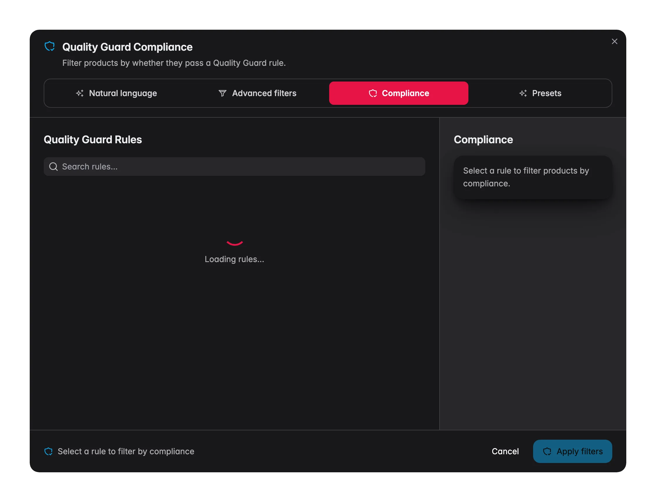 Filtering products by Quality Guard compliance in WISEPIM