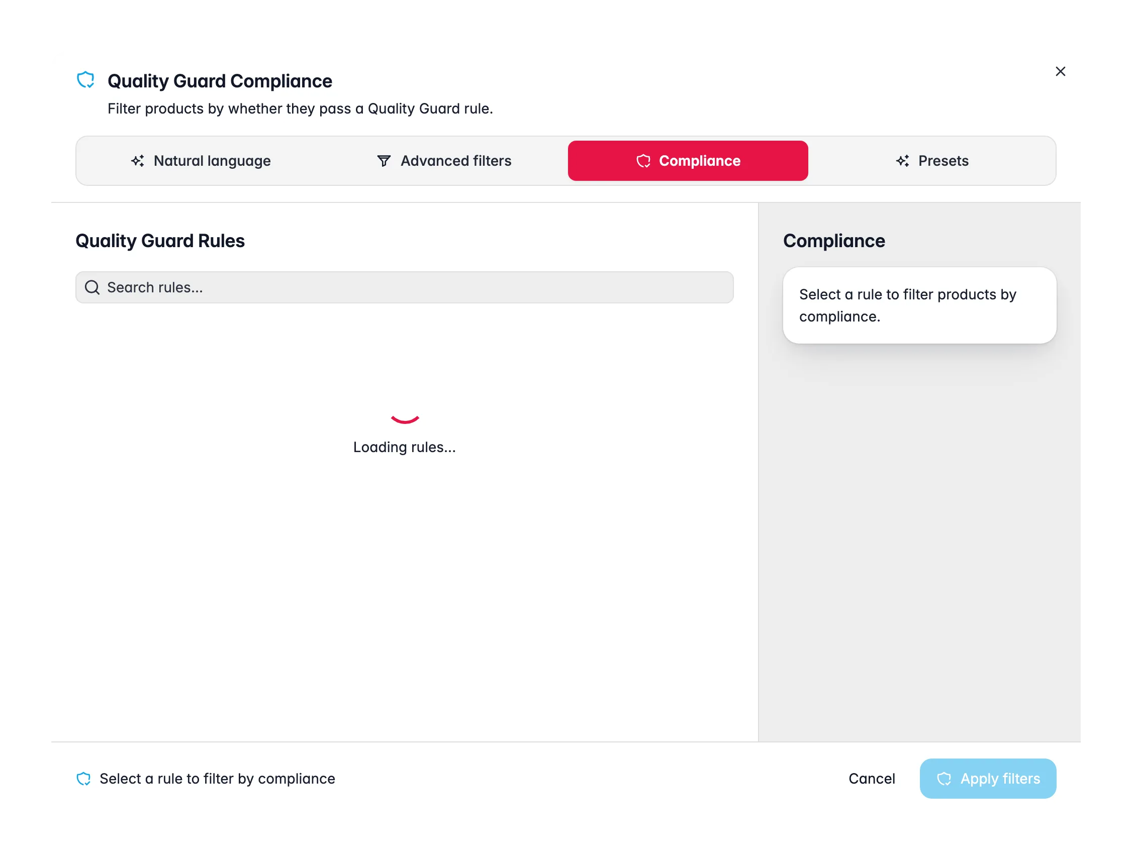 Filtering products by Quality Guard compliance in WISEPIM