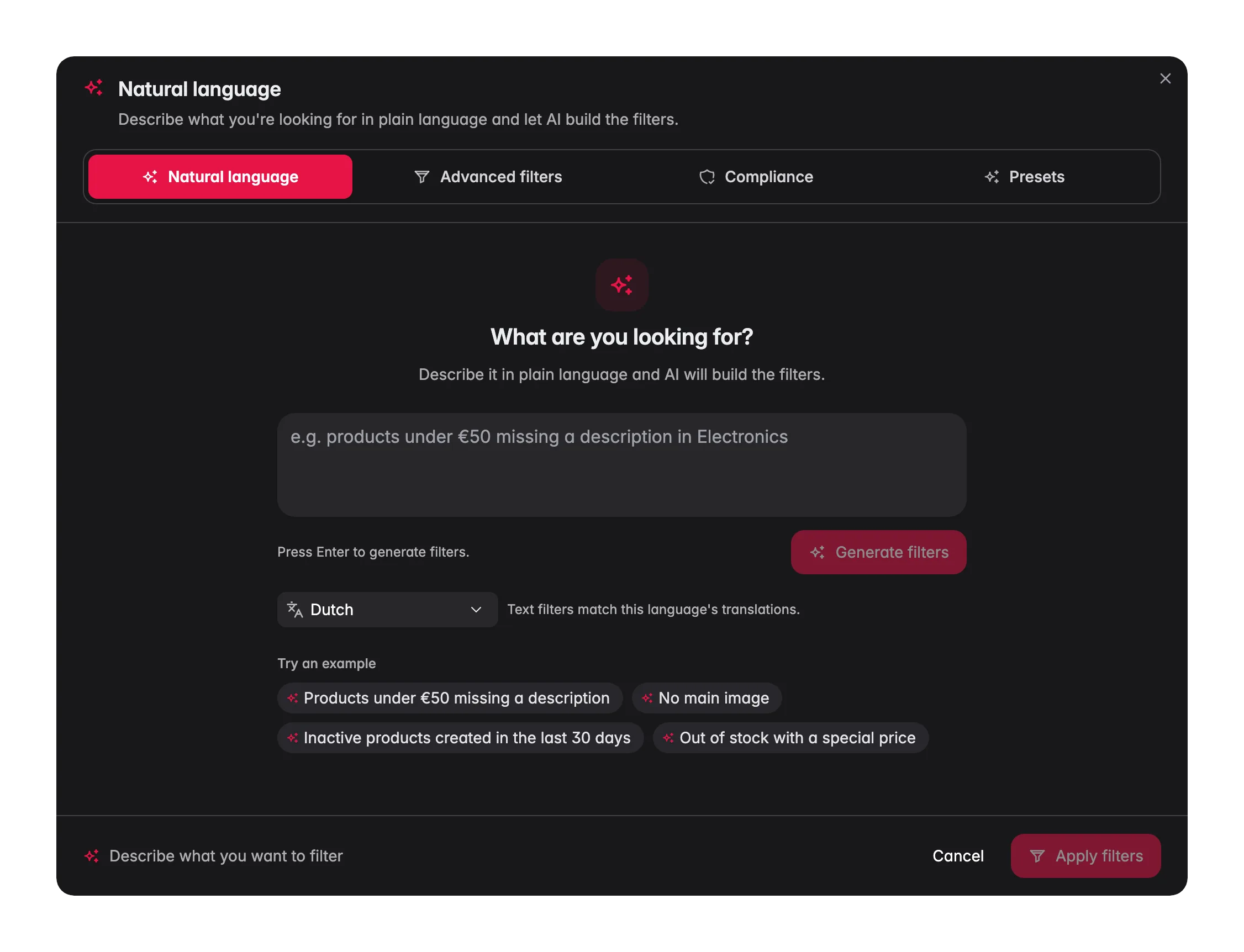 Describing a product filter in plain language in WISEPIM