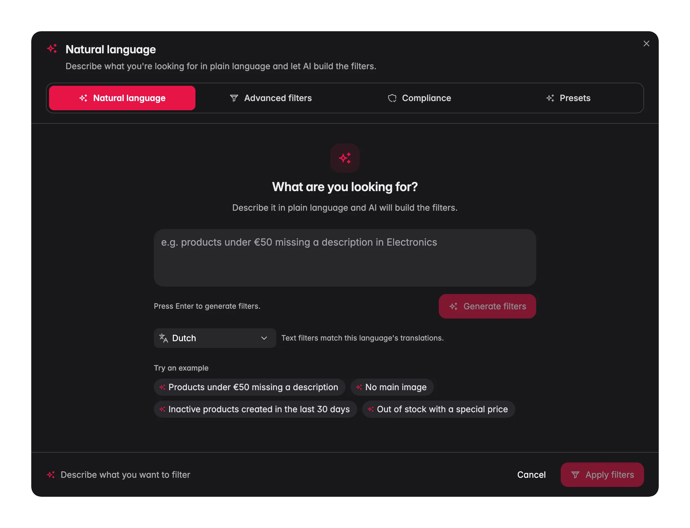 Describing a product filter in plain language in WISEPIM