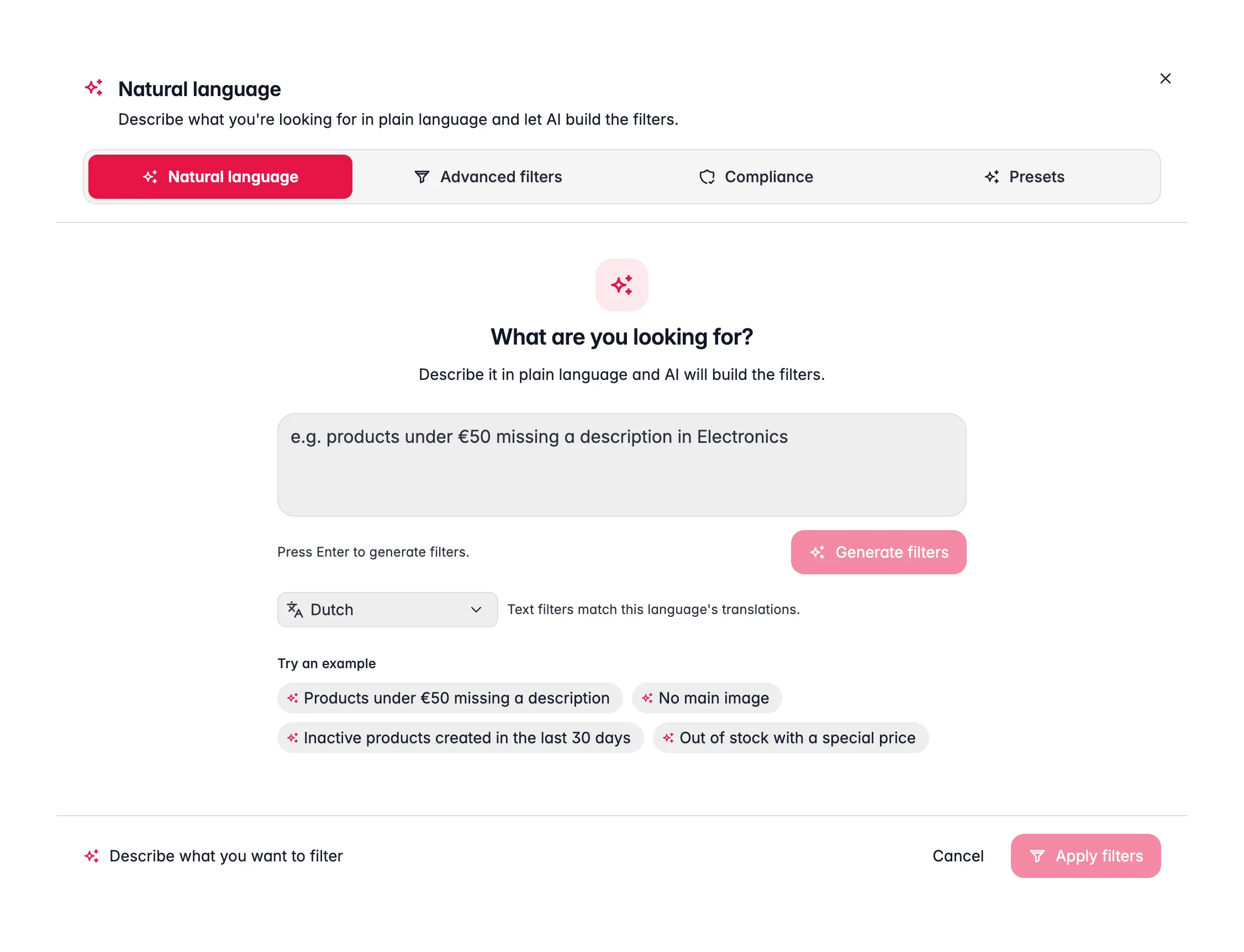 Describing a product filter in plain language in WISEPIM