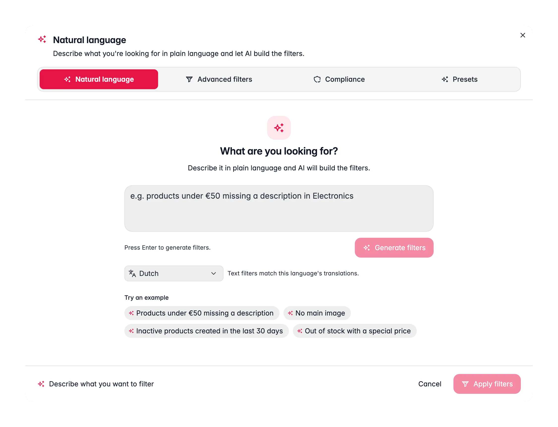 Describing a product filter in plain language in WISEPIM