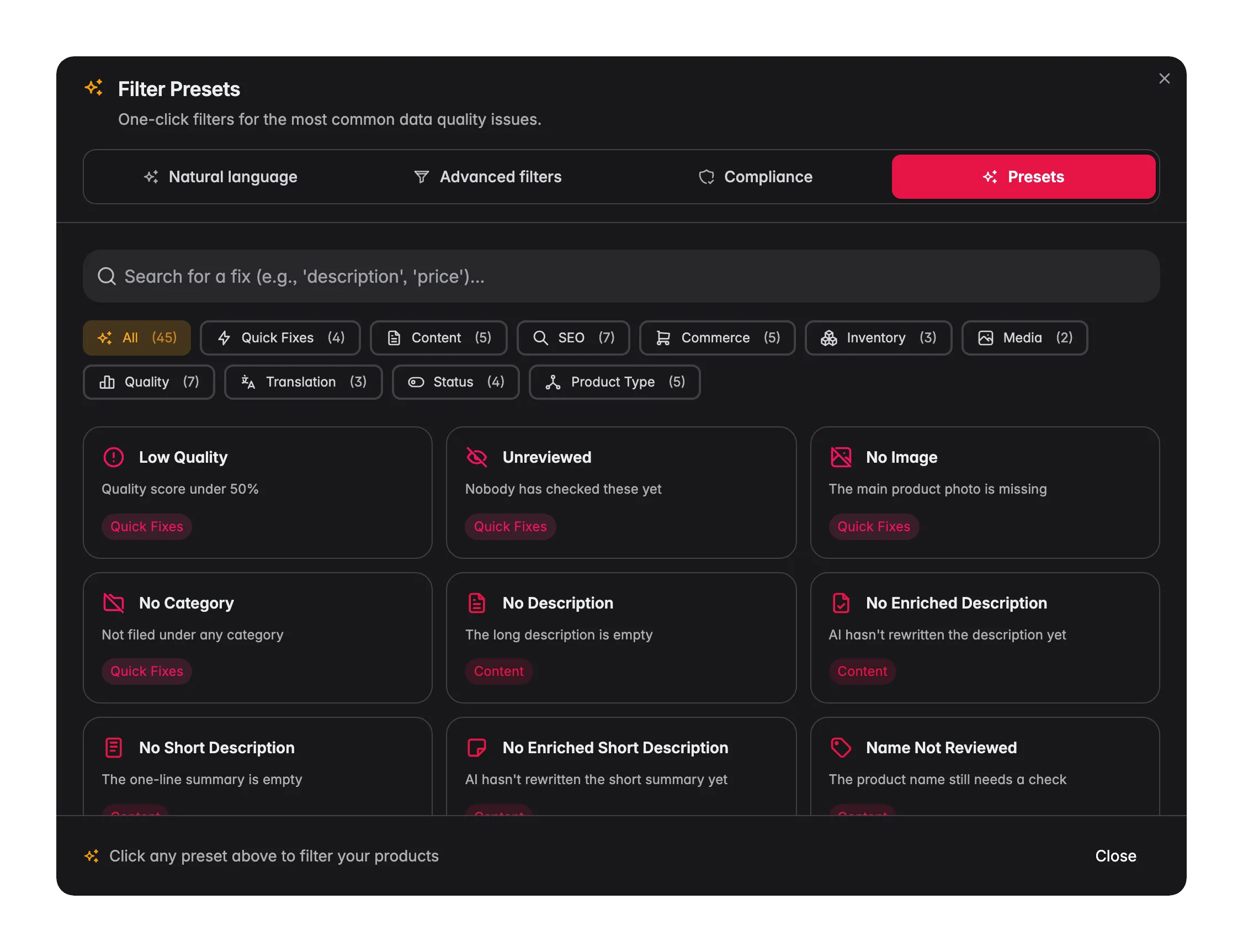 One-click preset filters for common data issues in WISEPIM