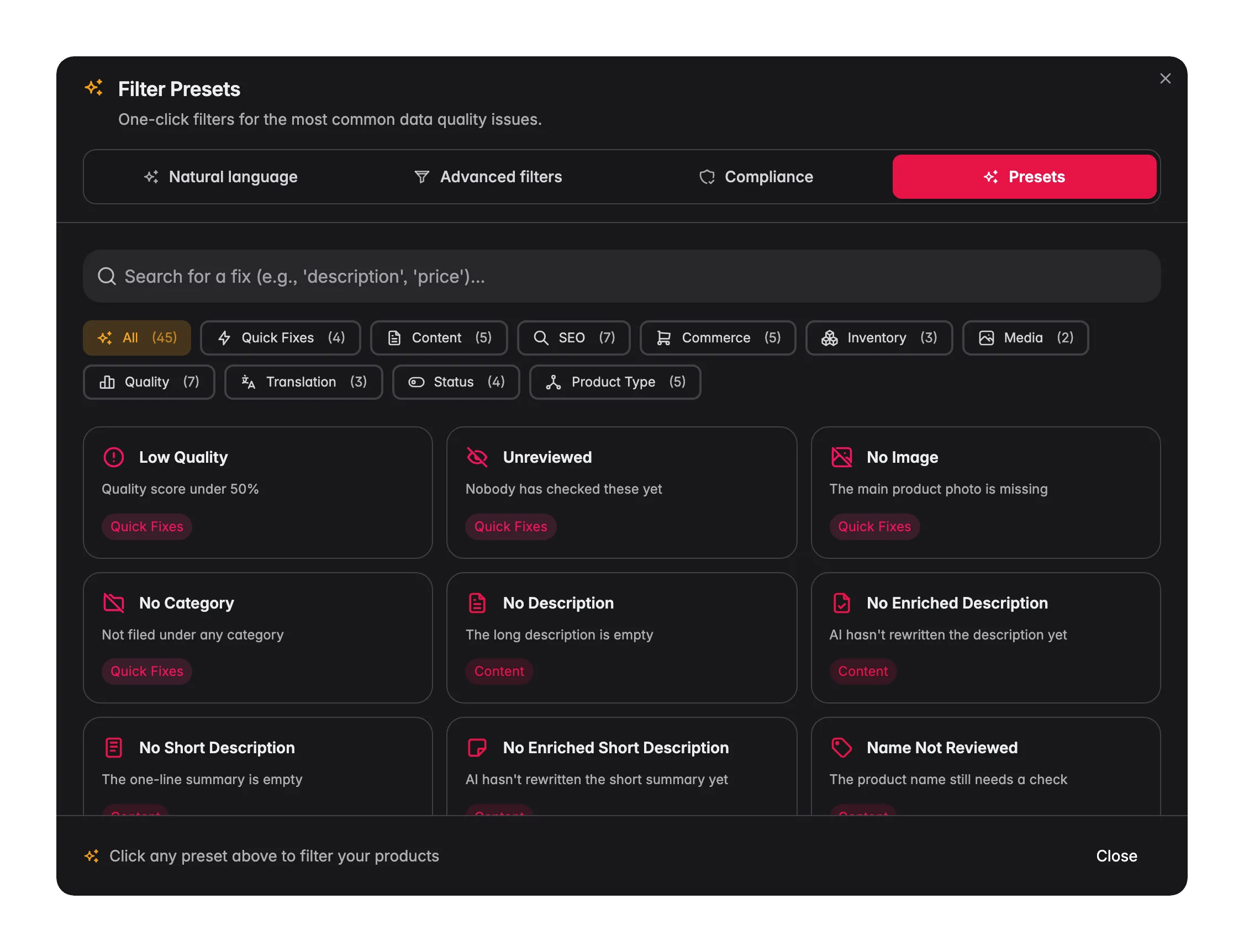 One-click preset filters for common data issues in WISEPIM