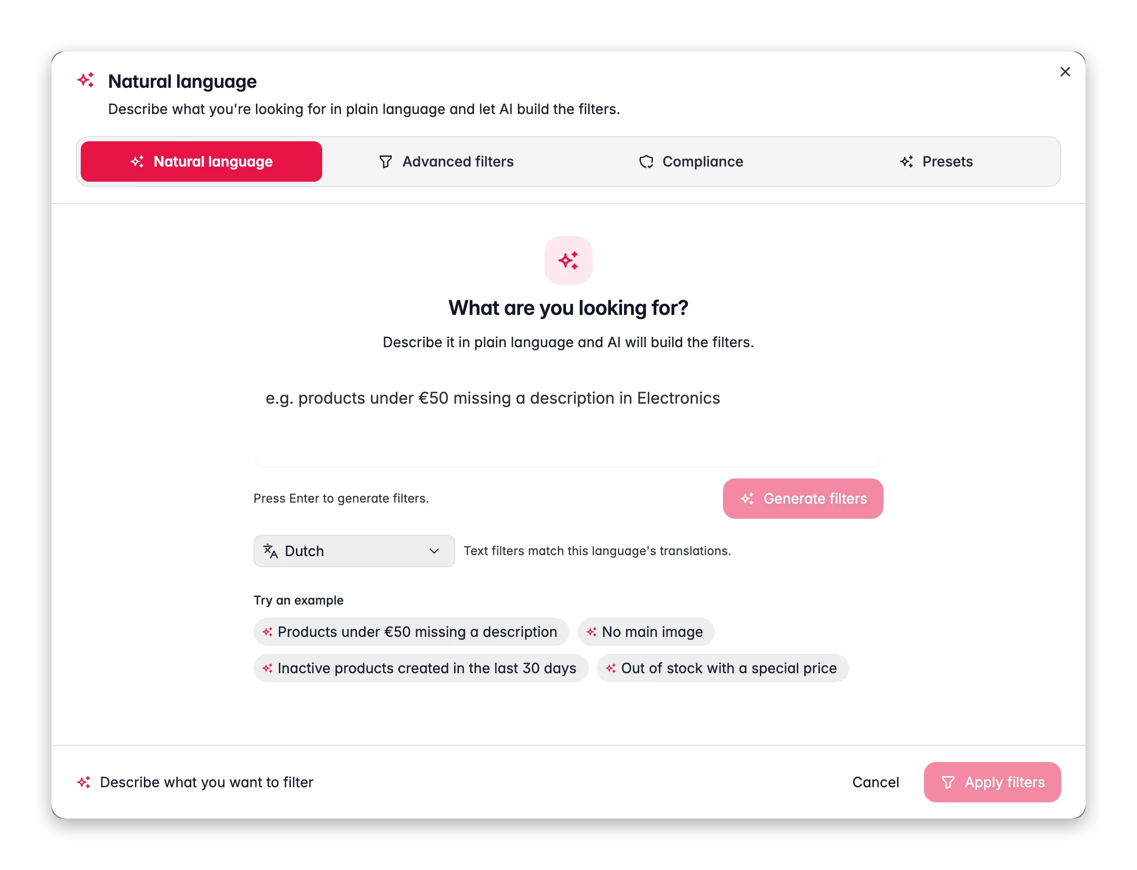 Describing a product filter in plain language in WISEPIM