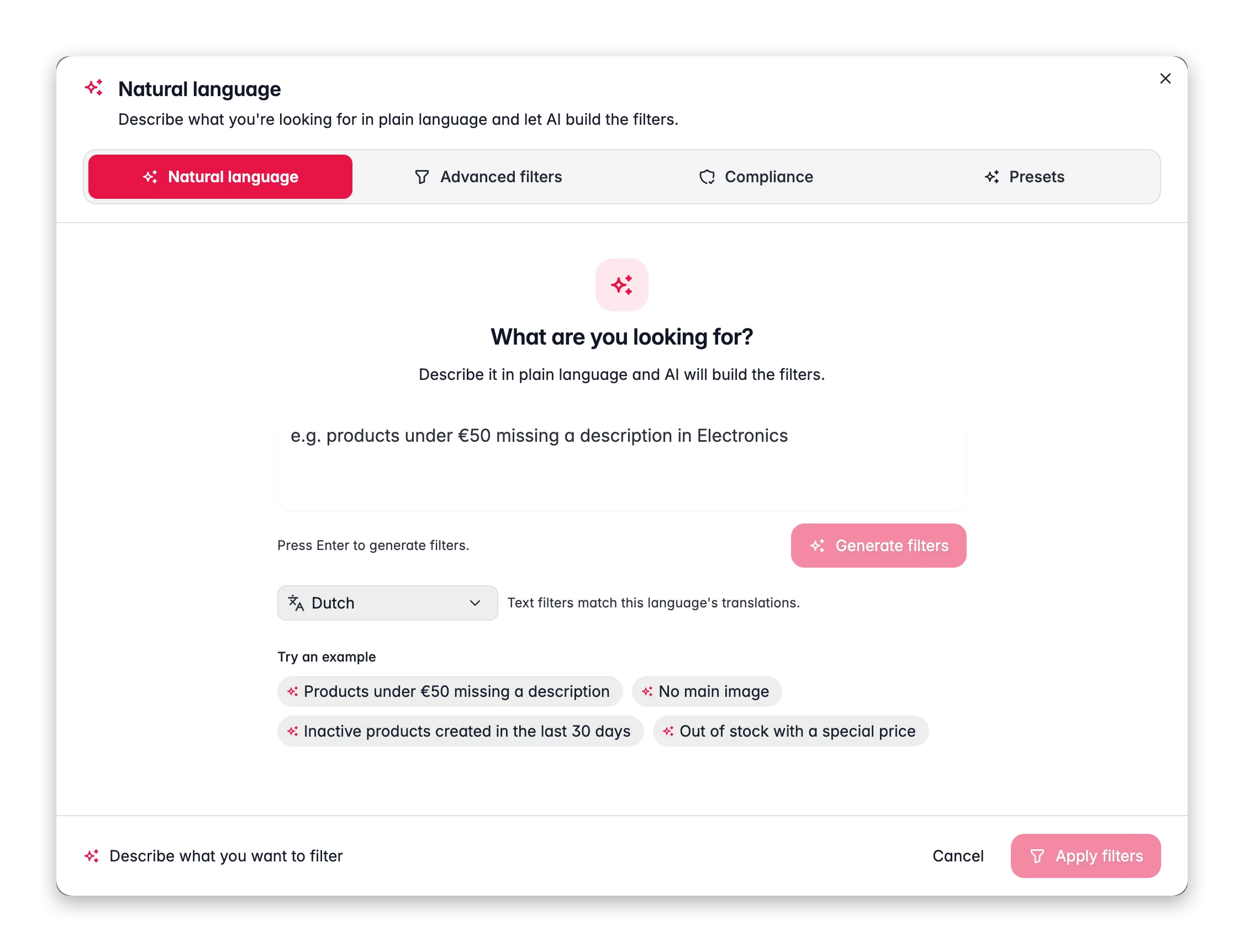 Describing a product filter in plain language in WISEPIM
