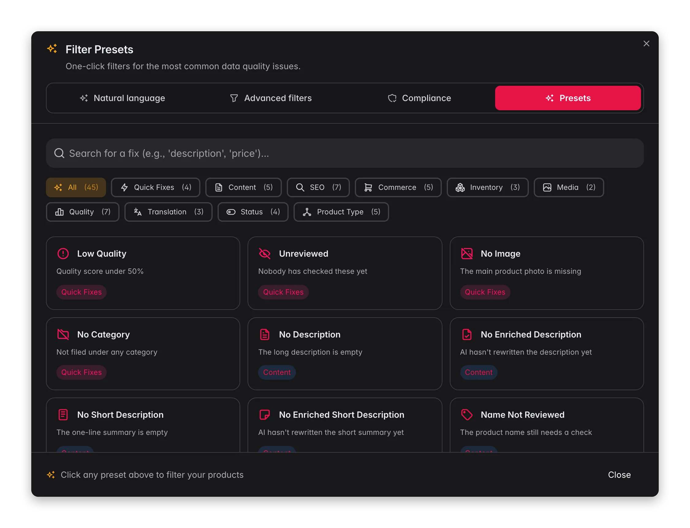 One-click preset filters for common data issues in WISEPIM