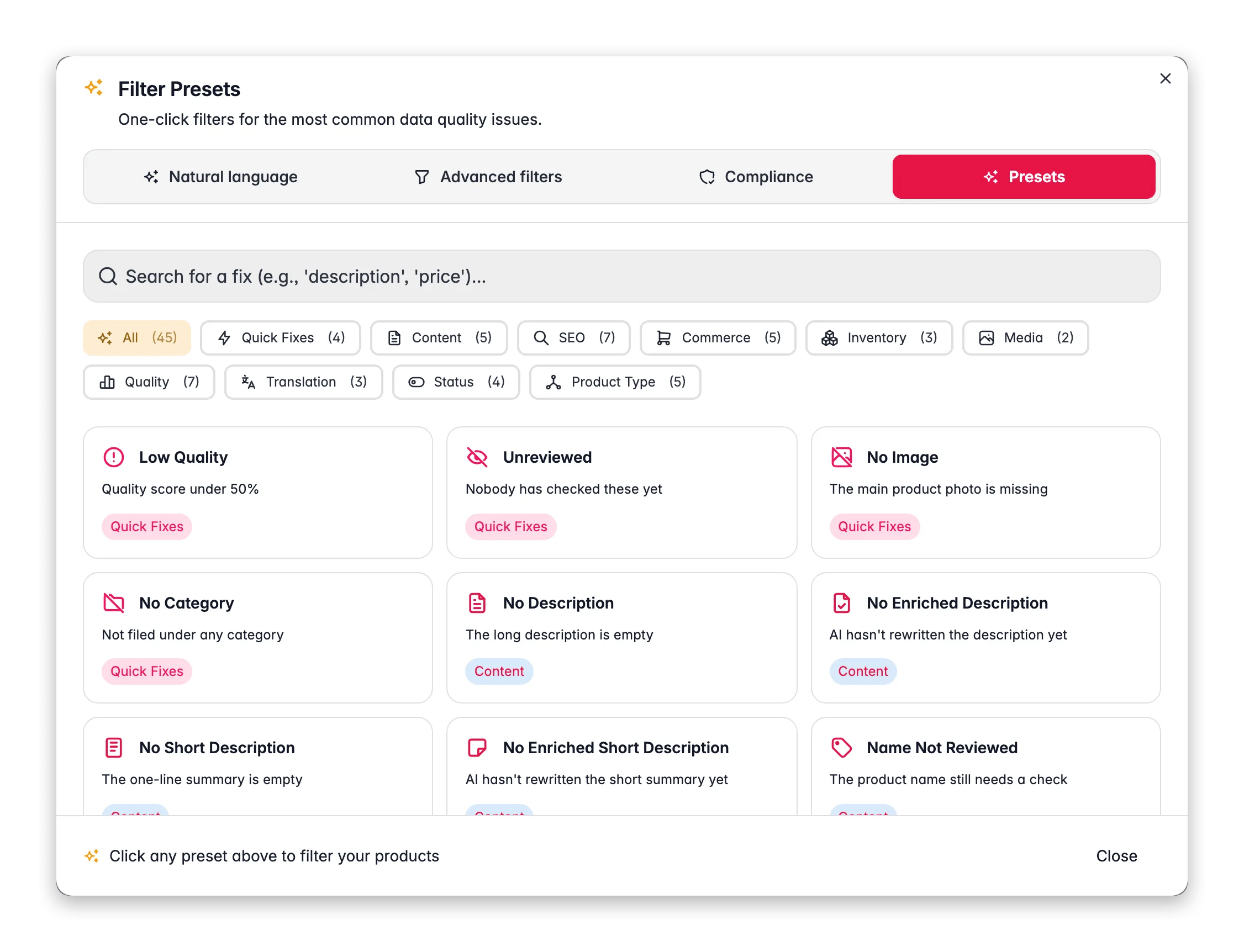 One-click preset filters for common data issues in WISEPIM