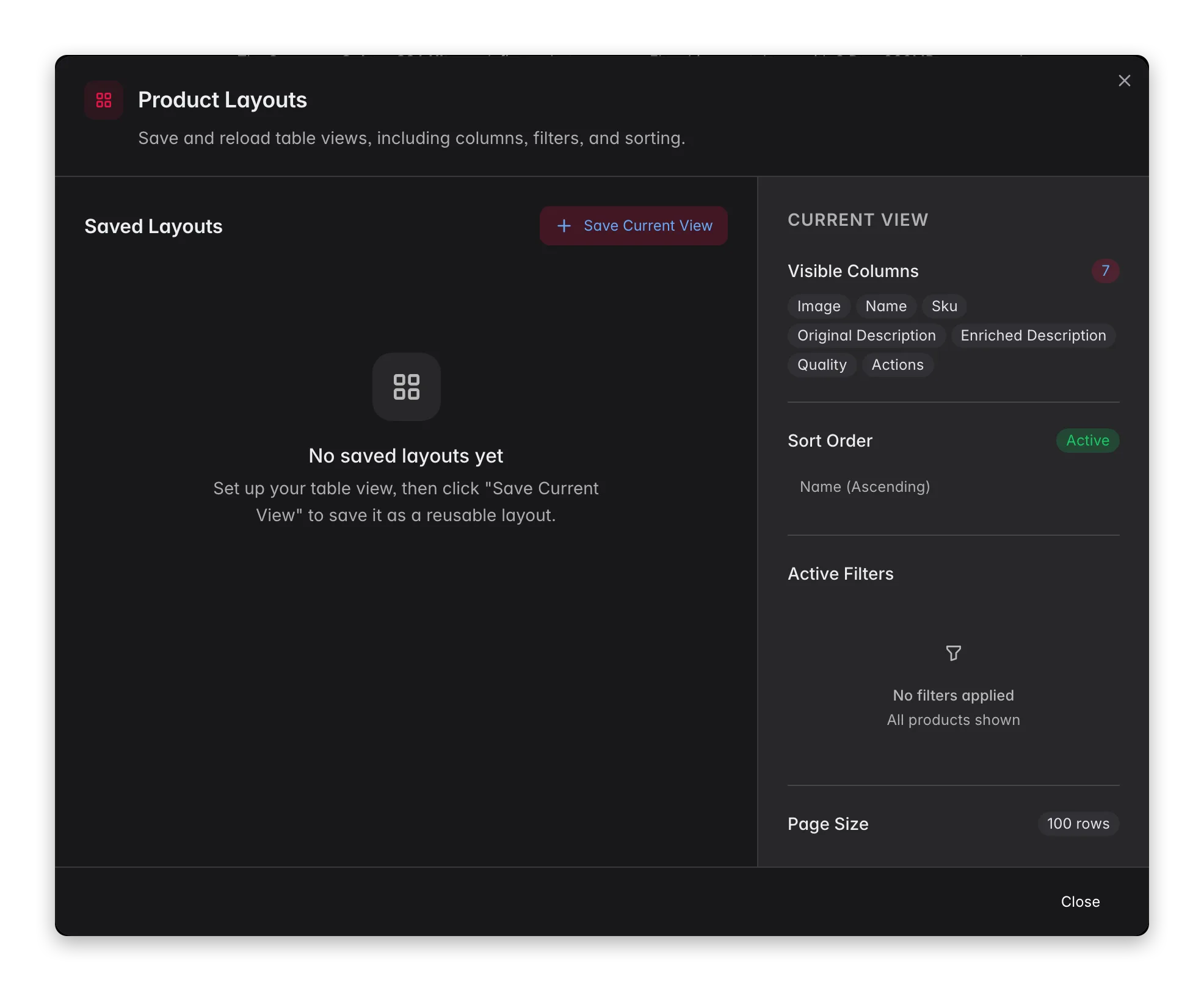 WISEPIM saved layouts, store and reload named product views with columns, sort and filters