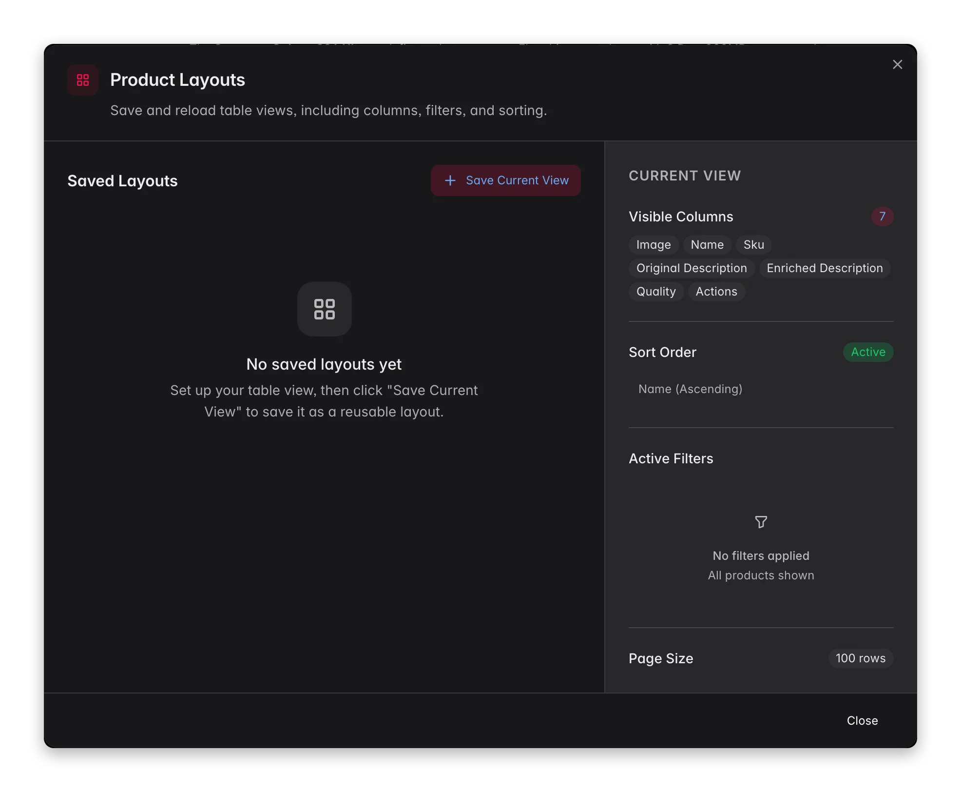WISEPIM saved layouts, store and reload named product views with columns, sort and filters