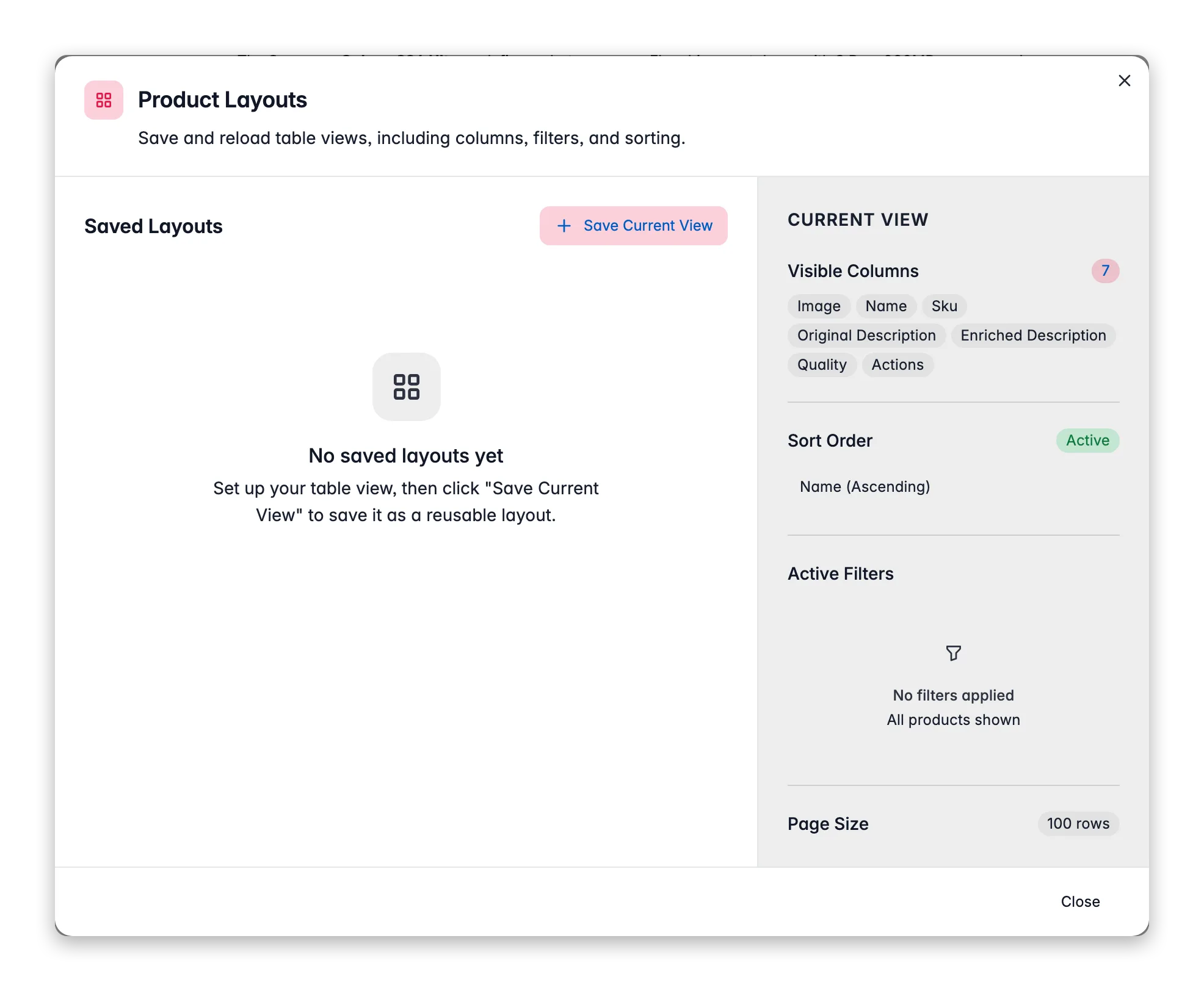WISEPIM saved layouts, store and reload named product views with columns, sort and filters