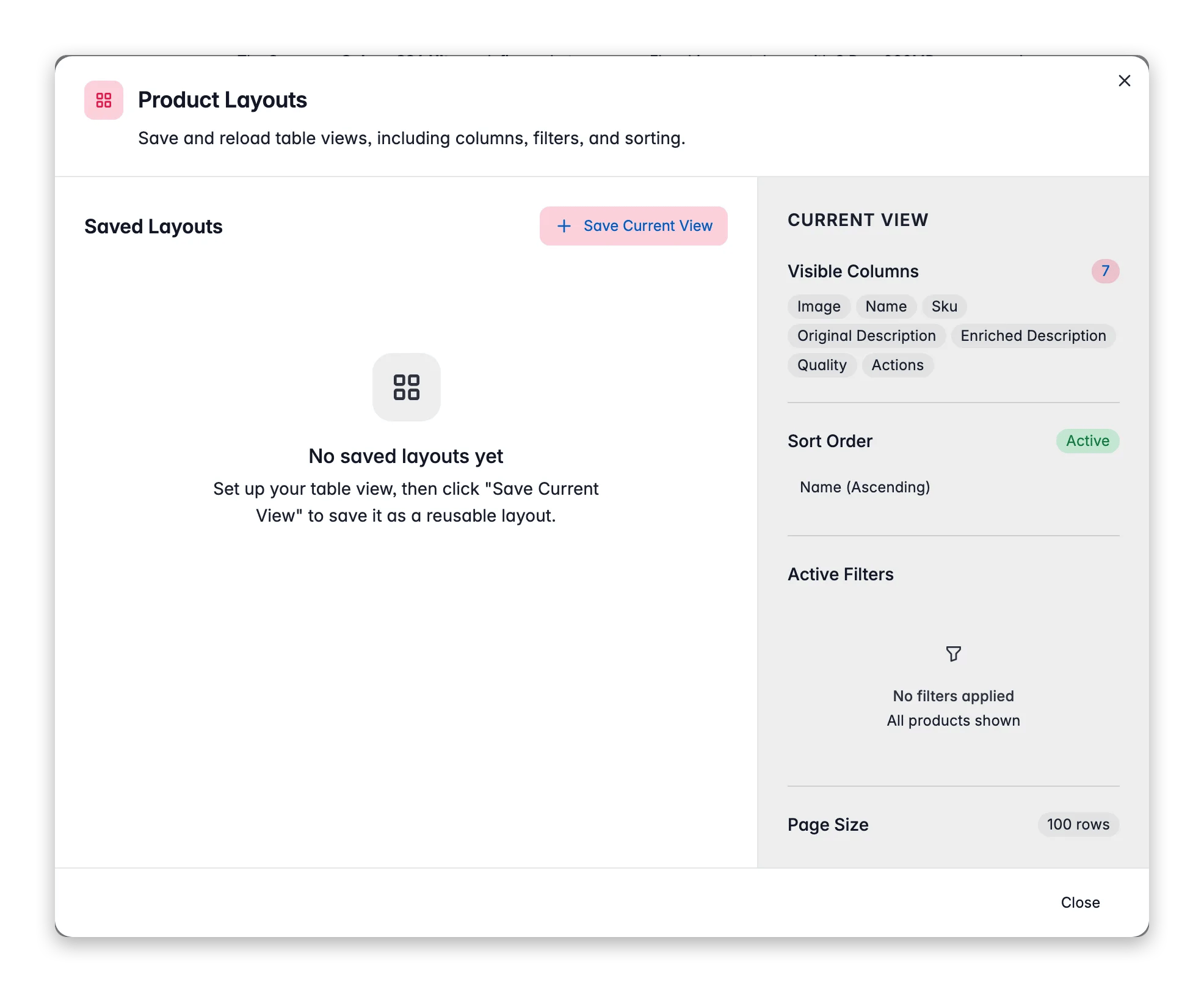 WISEPIM saved layouts, store and reload named product views with columns, sort and filters