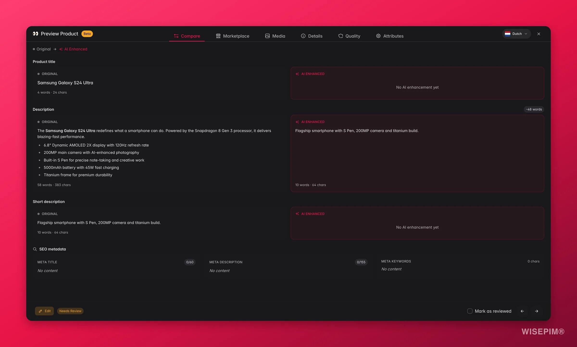 WISEPIM product preview comparing original and AI-enhanced content side by side
