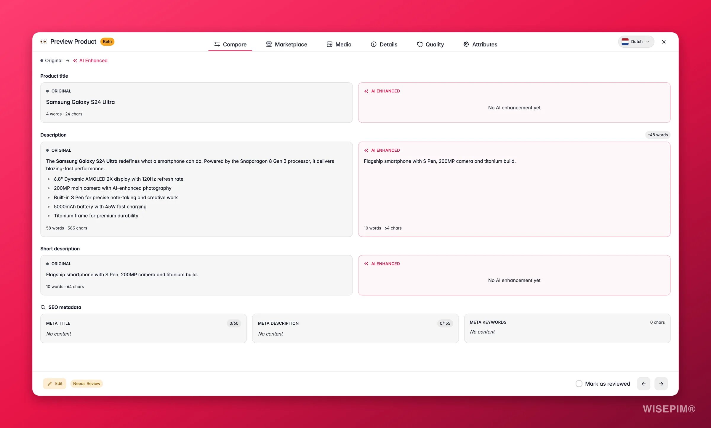 WISEPIM product preview comparing original and AI-enhanced content side by side
