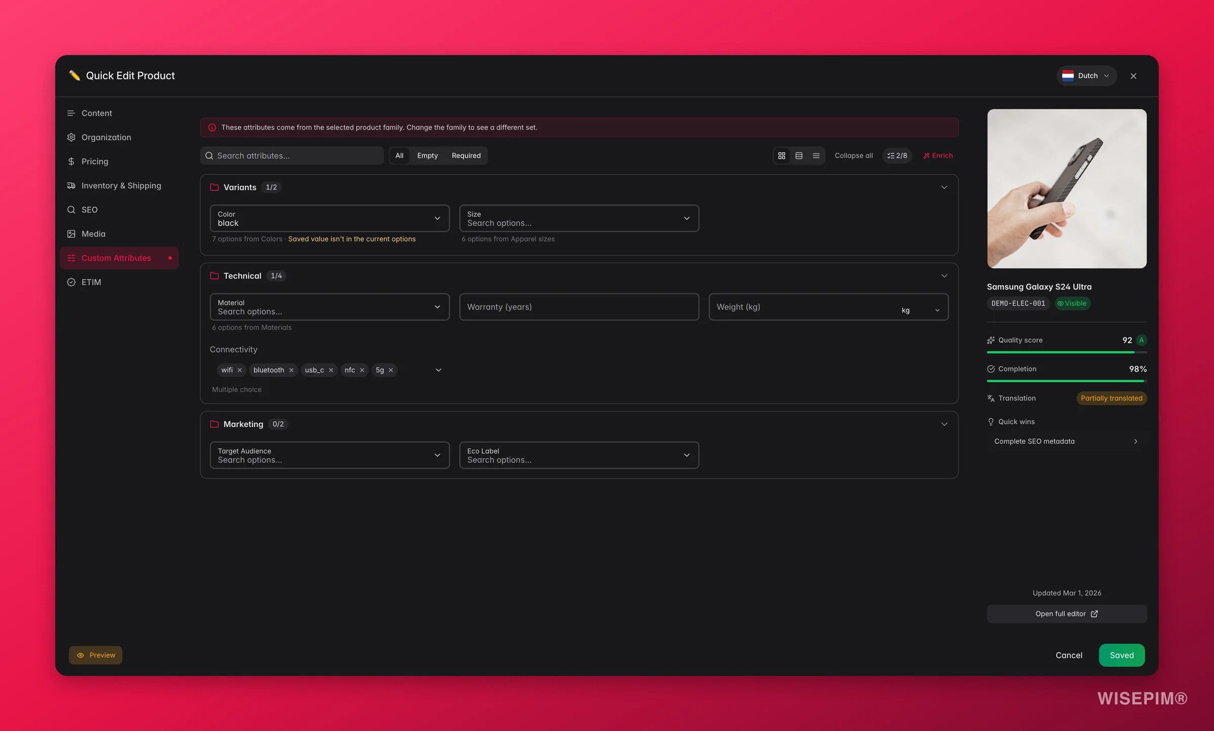 WISEPIM quick-edit Custom Attributes tab with code-set-backed selects, localized options and unit pickers