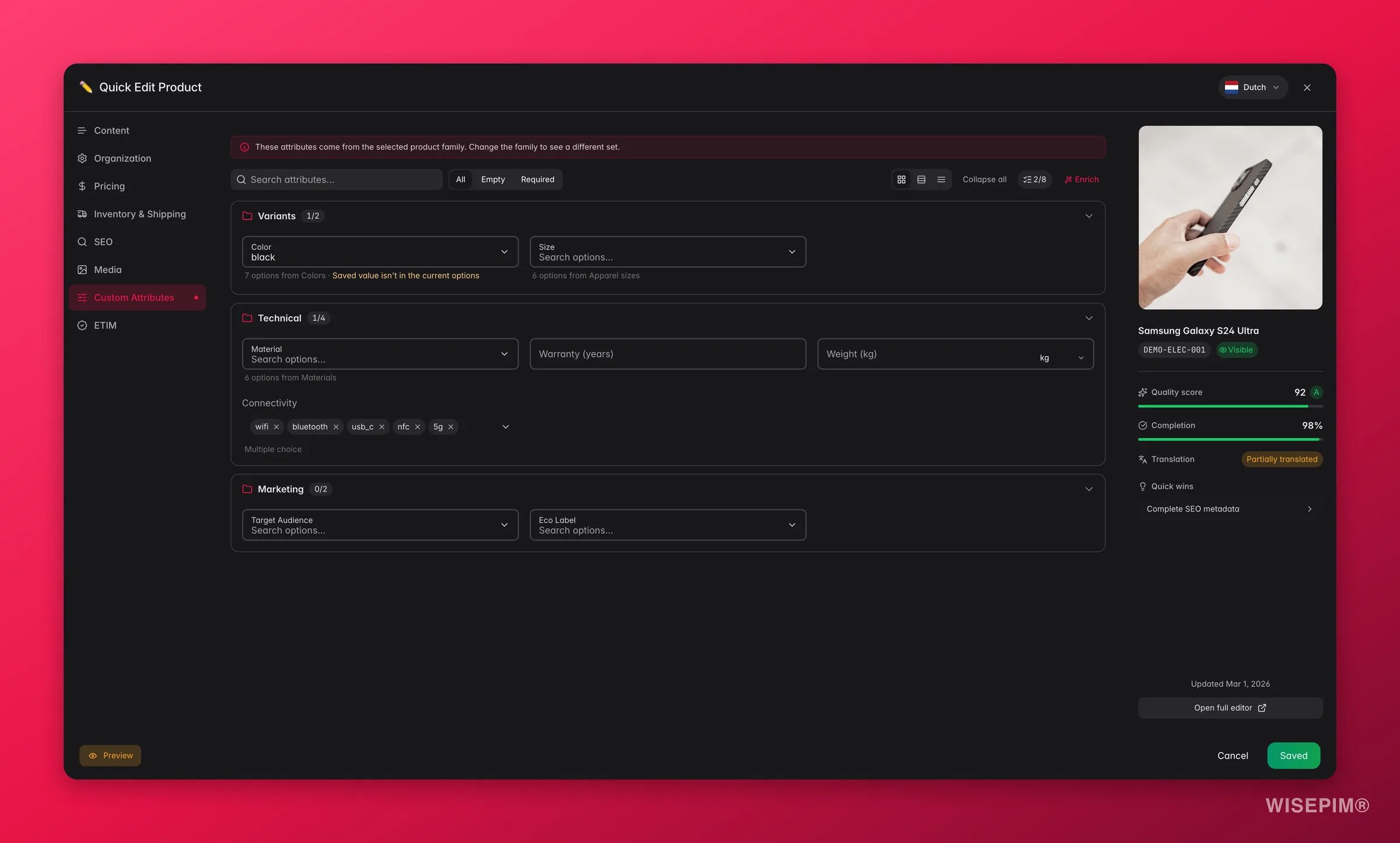 WISEPIM quick-edit Custom Attributes tab with code-set-backed selects, localized options and unit pickers