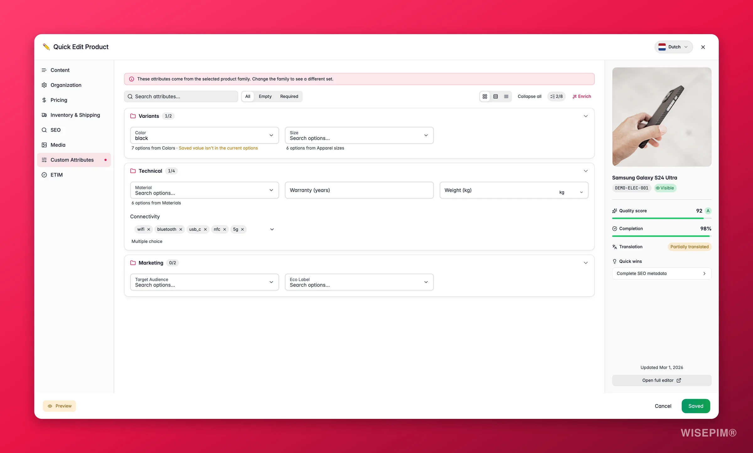 WISEPIM quick-edit Custom Attributes tab with code-set-backed selects, localized options and unit pickers