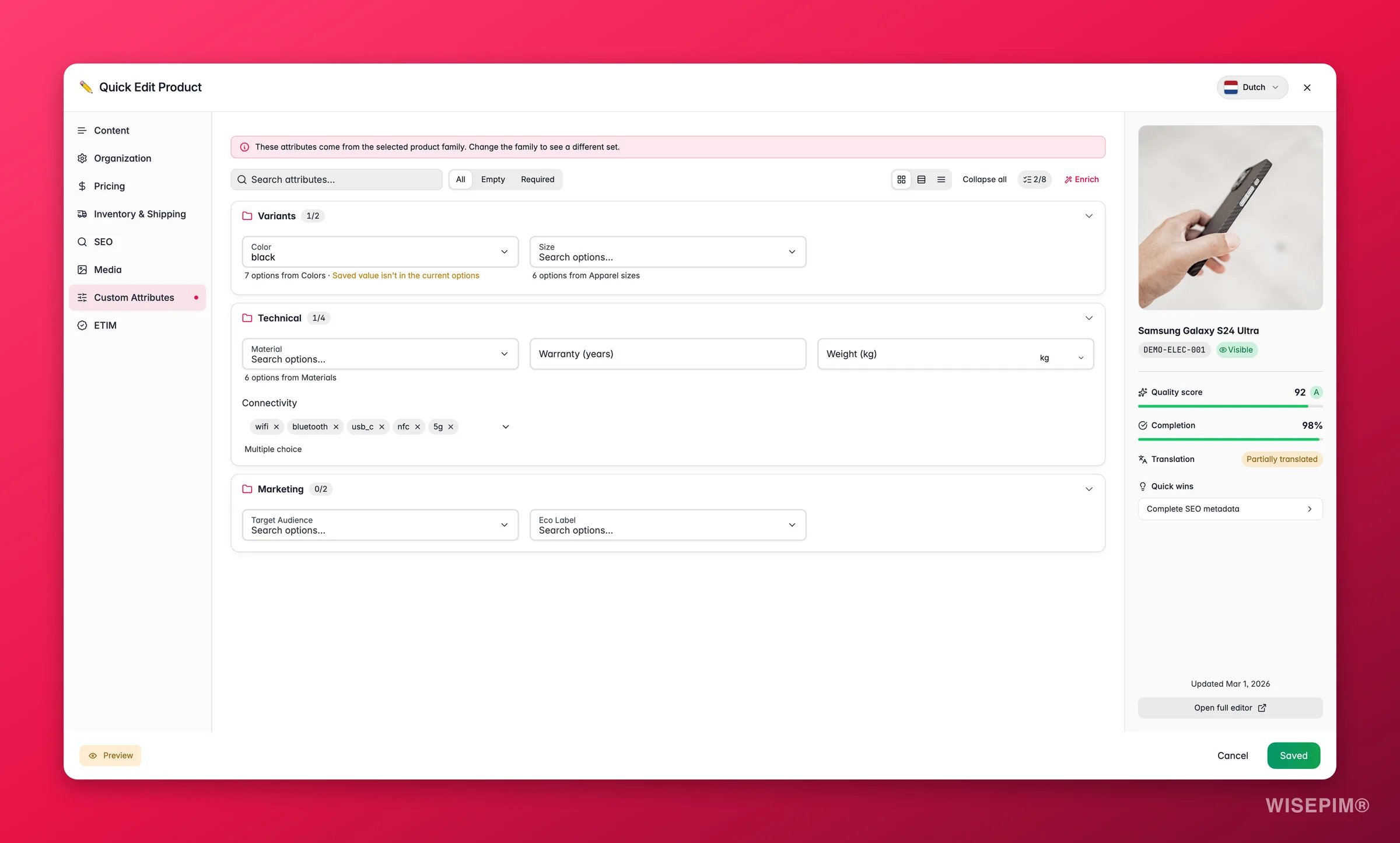 WISEPIM quick-edit Custom Attributes tab with code-set-backed selects, localized options and unit pickers