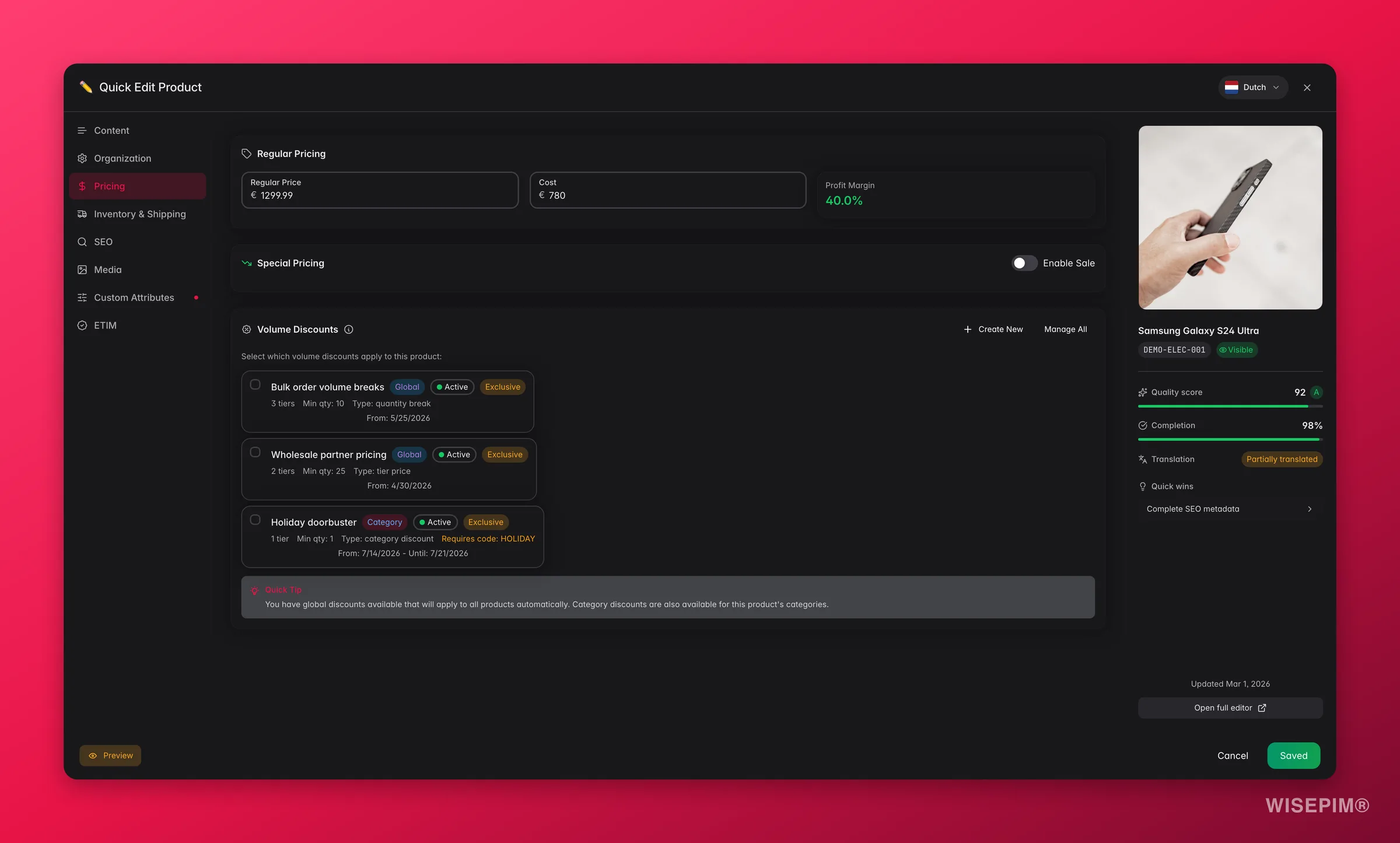 WISEPIM quick-edit Pricing tab with live profit margin, sale presets and volume discounts