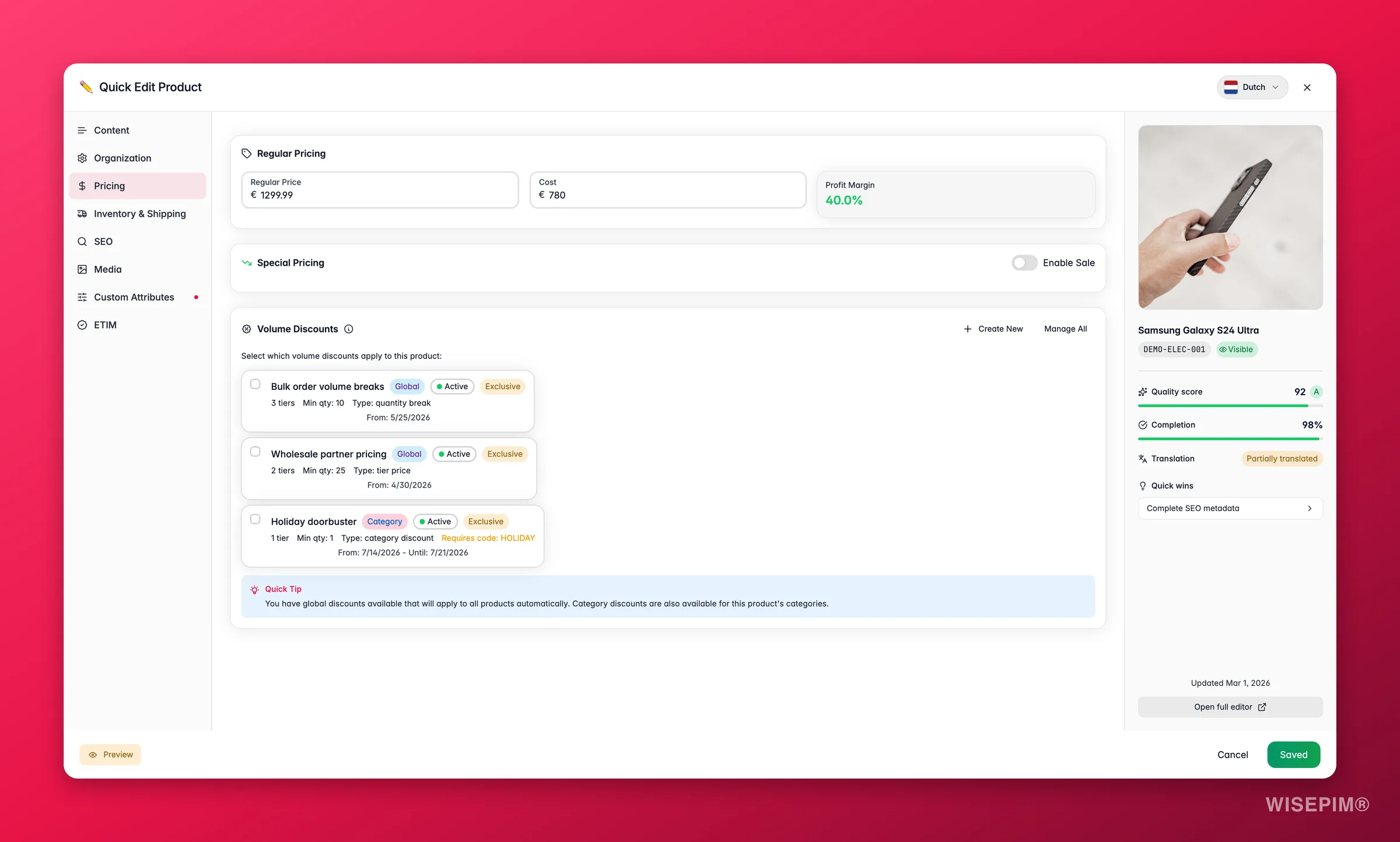 WISEPIM quick-edit Pricing tab with live profit margin, sale presets and volume discounts