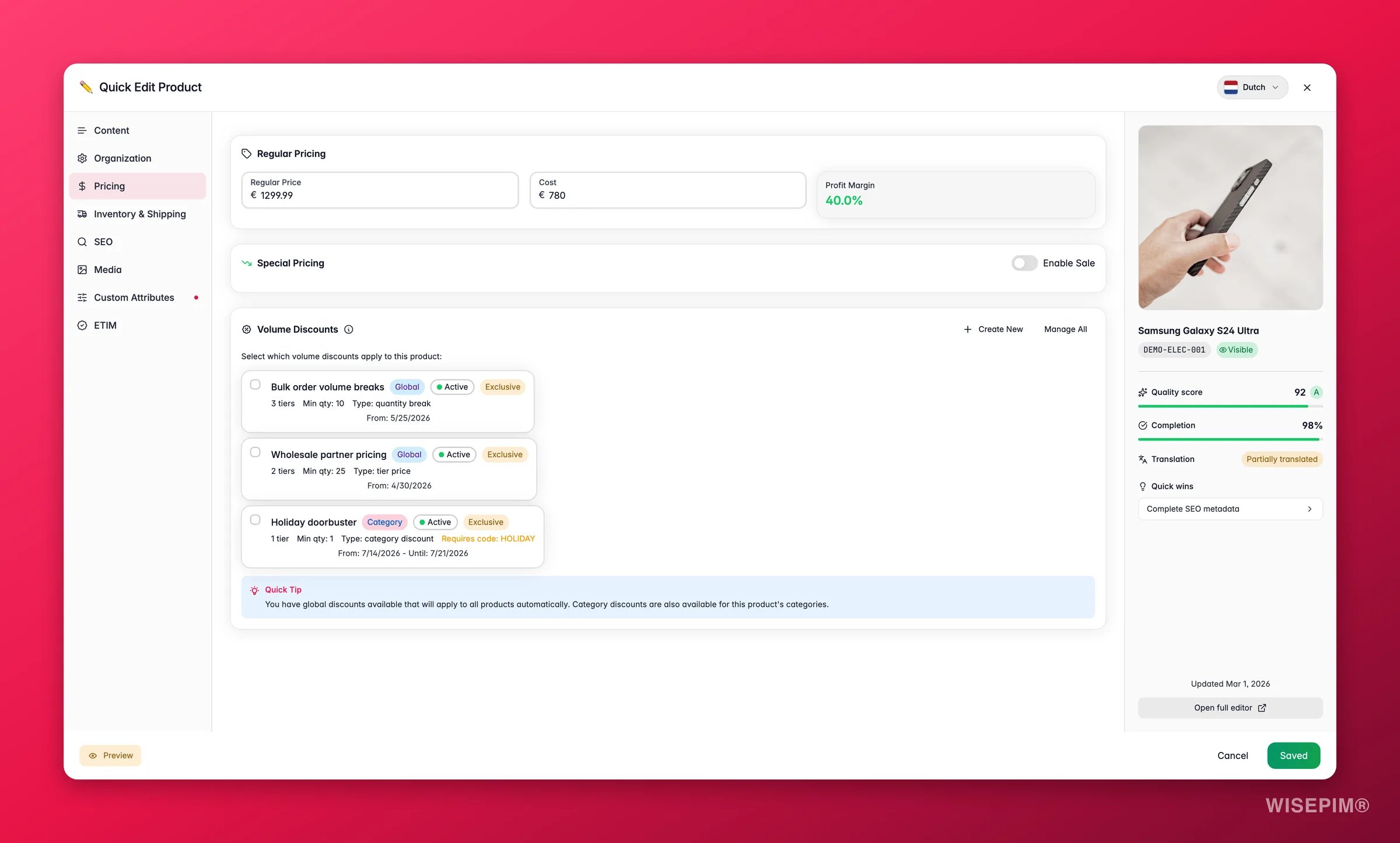 WISEPIM quick-edit Pricing tab with live profit margin, sale presets and volume discounts