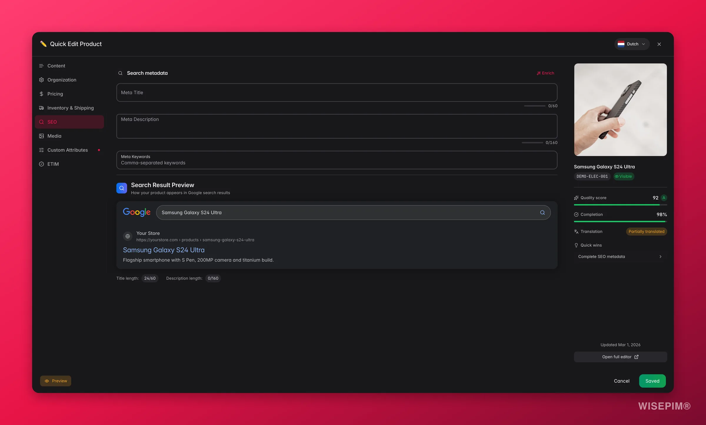 WISEPIM quick-edit SEO tab with a live Google search-result preview and character counts
