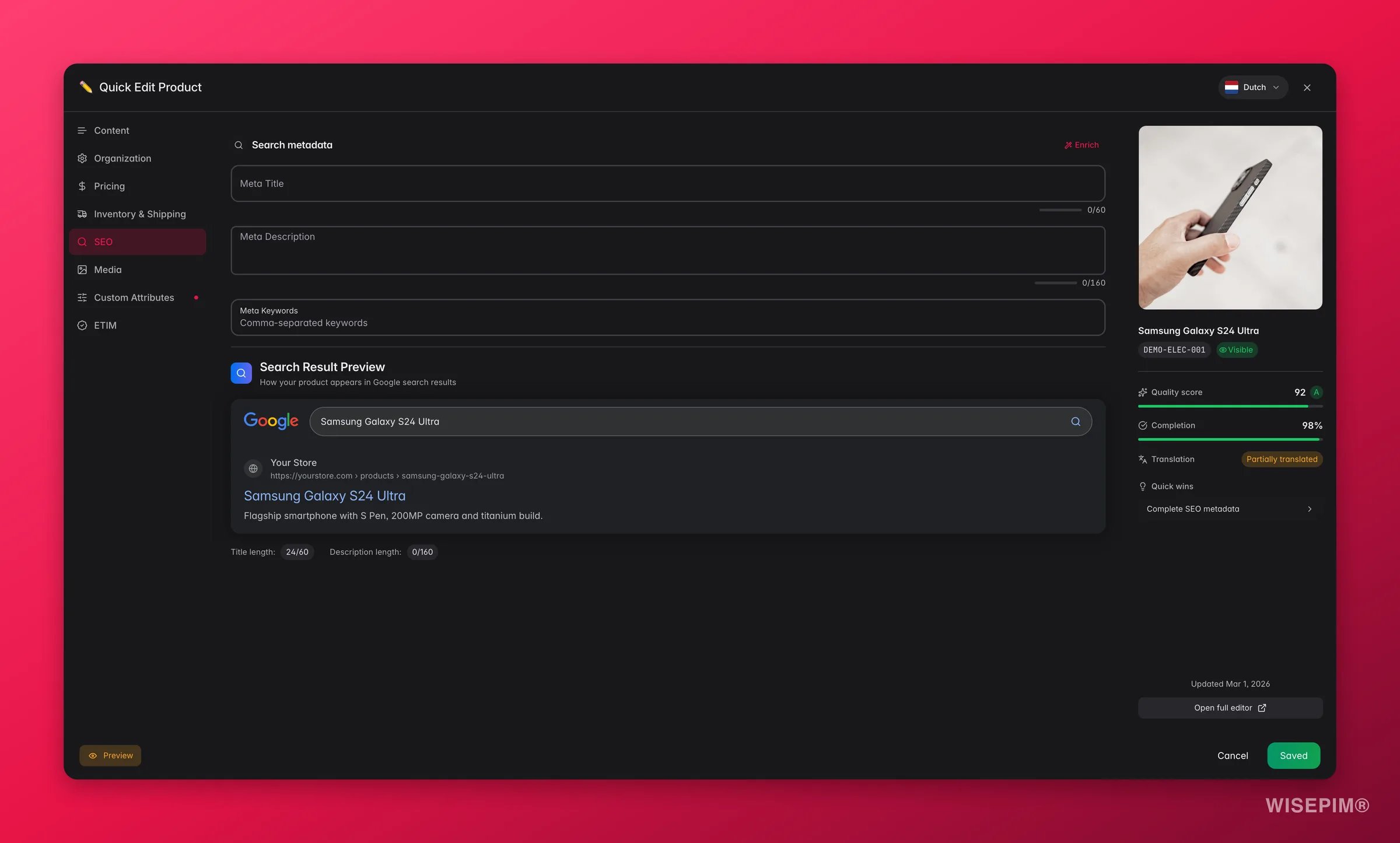 WISEPIM quick-edit SEO tab with a live Google search-result preview and character counts