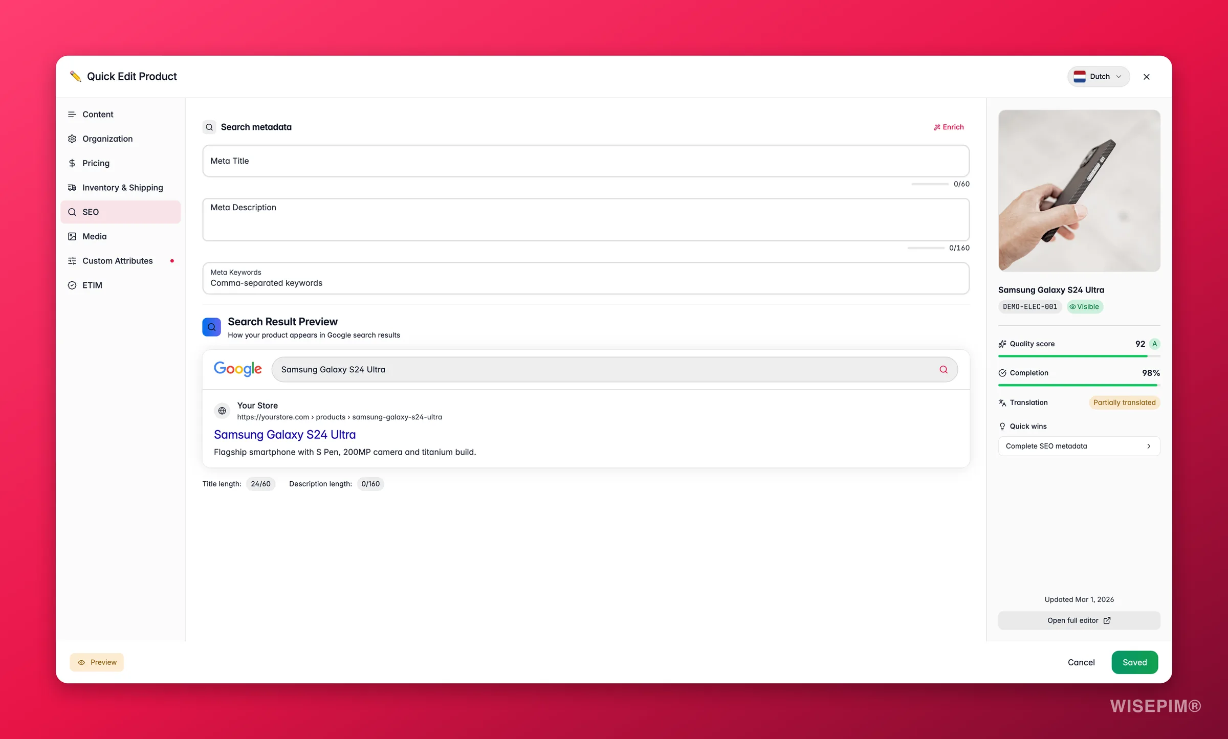 WISEPIM quick-edit SEO tab with a live Google search-result preview and character counts