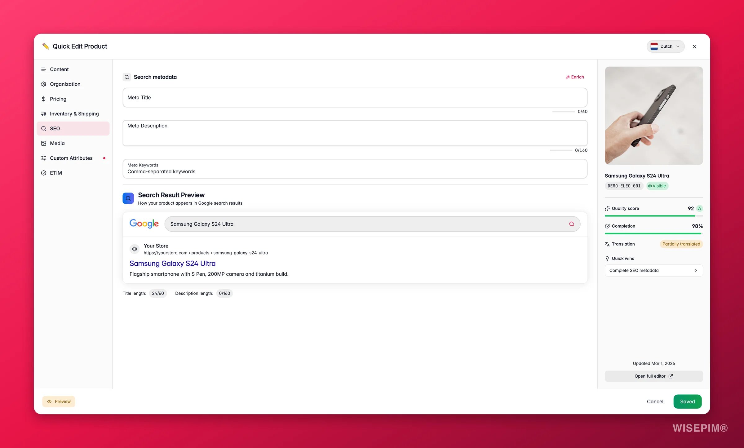 WISEPIM quick-edit SEO tab with a live Google search-result preview and character counts
