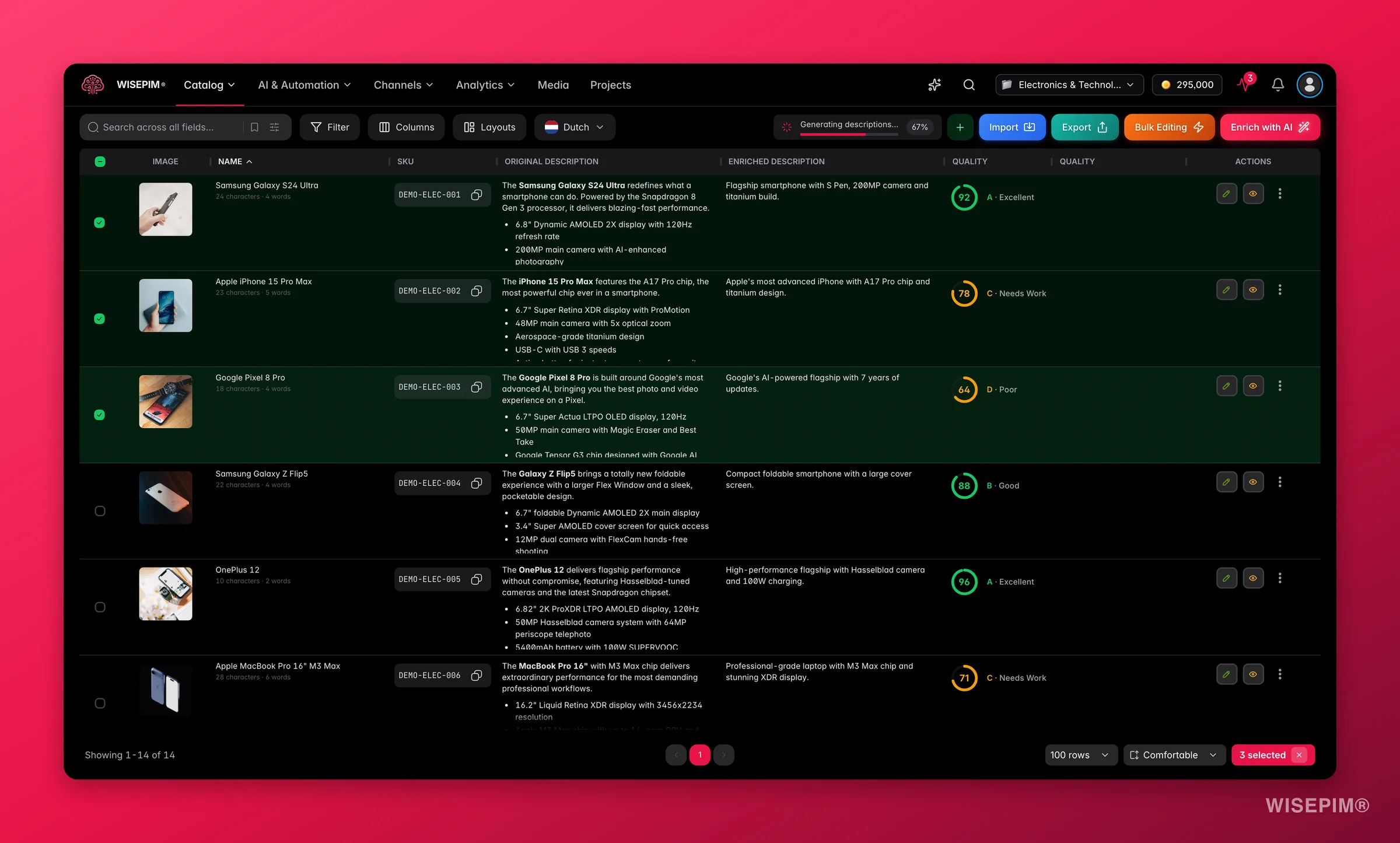 WISEPIM products with rows selected and the 'select all across pages' banner above the table