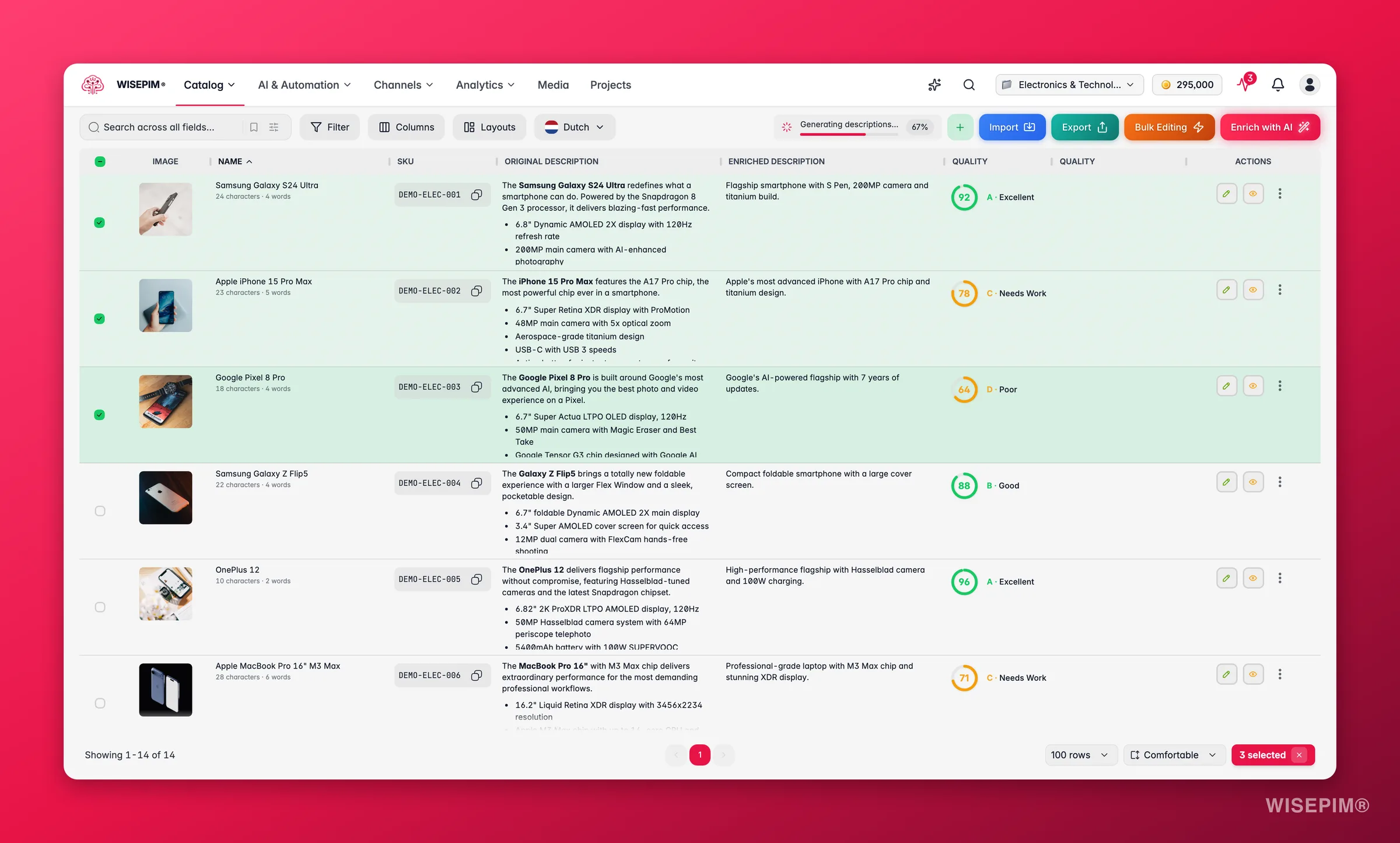 WISEPIM products with rows selected and the 'select all across pages' banner above the table