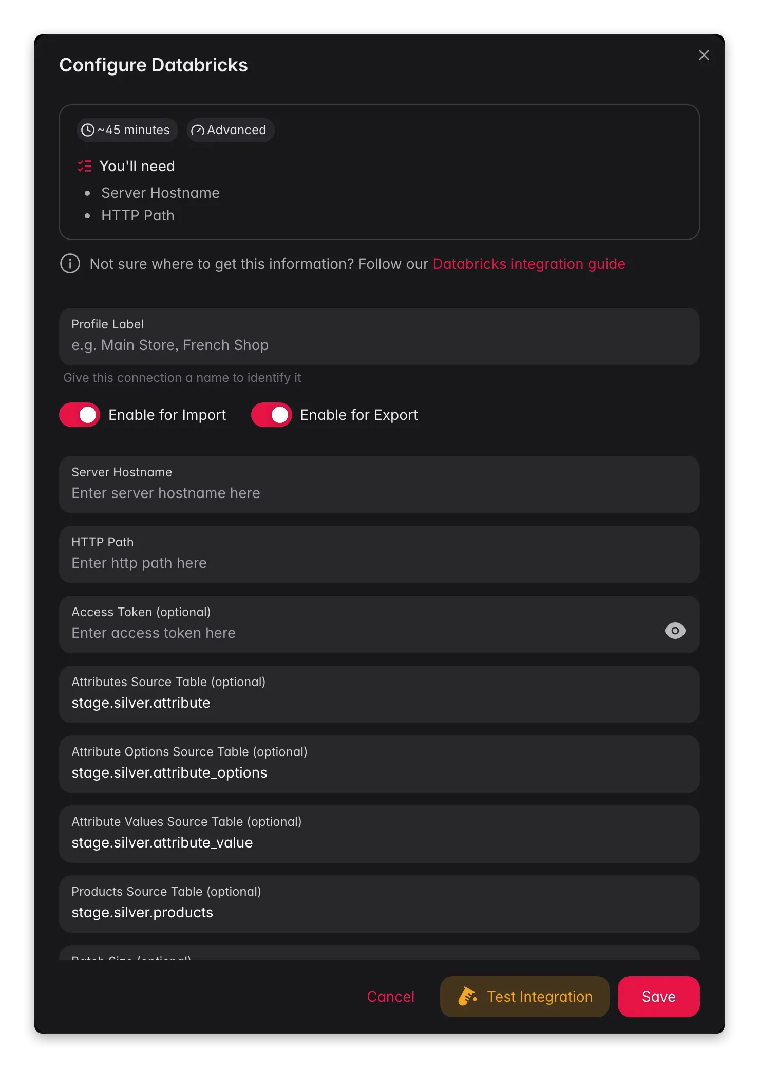 Connecting Databricks to WISEPIM, credentials, locale mapping and a live connection test