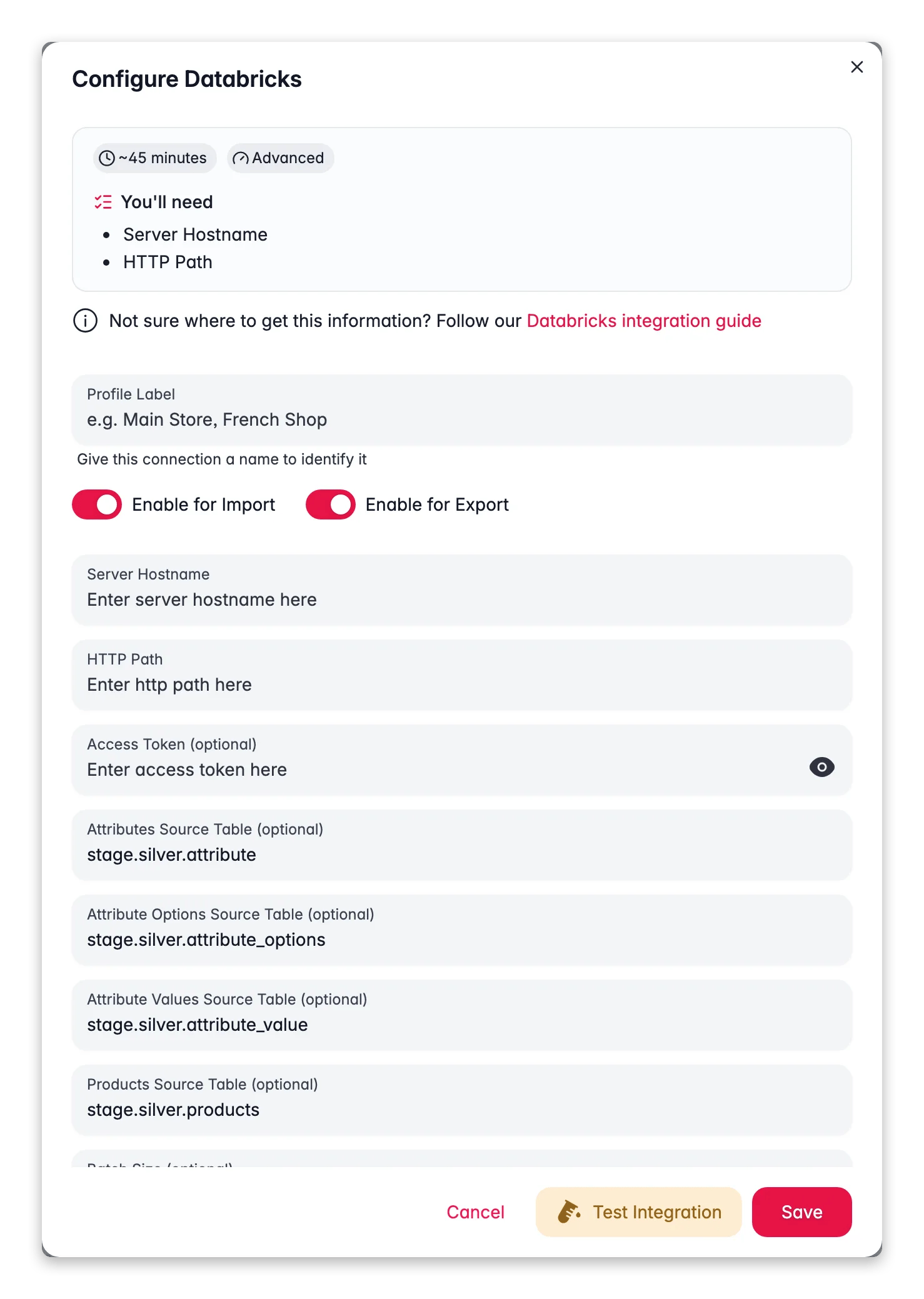 Connecting Databricks to WISEPIM, credentials, locale mapping and a live connection test