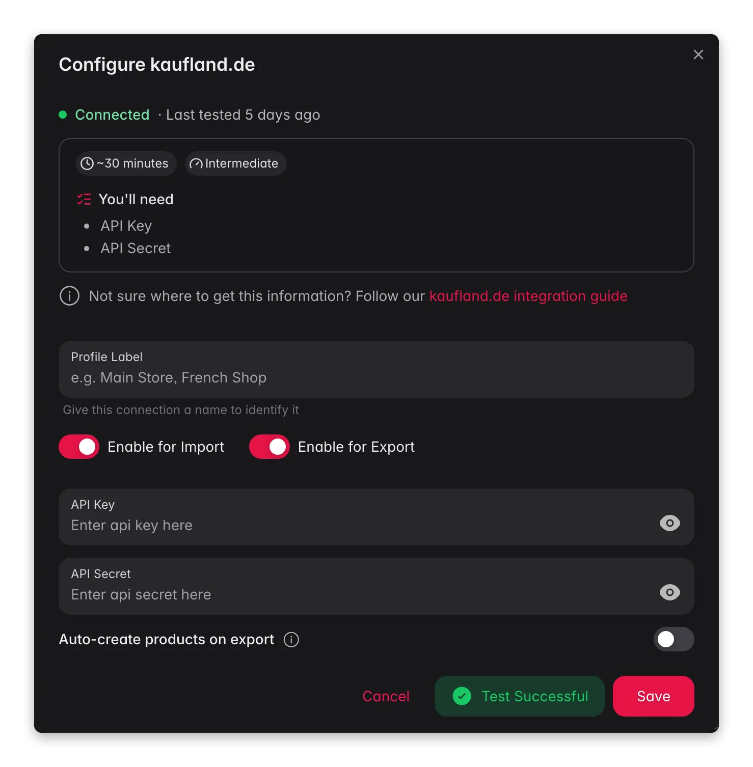 Connecting Kaufland.de to WISEPIM, credentials, locale mapping and a live connection test