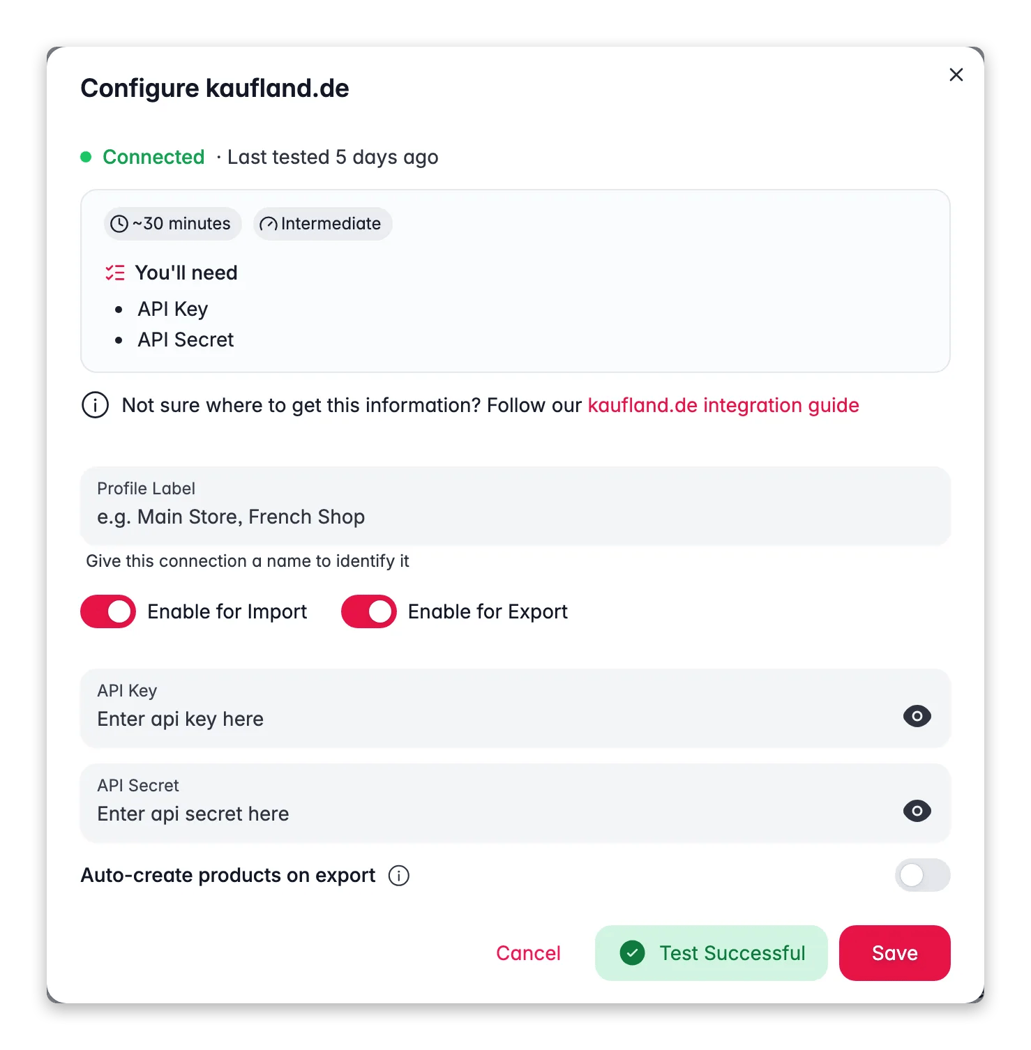 Connecting Kaufland.de to WISEPIM, credentials, locale mapping and a live connection test