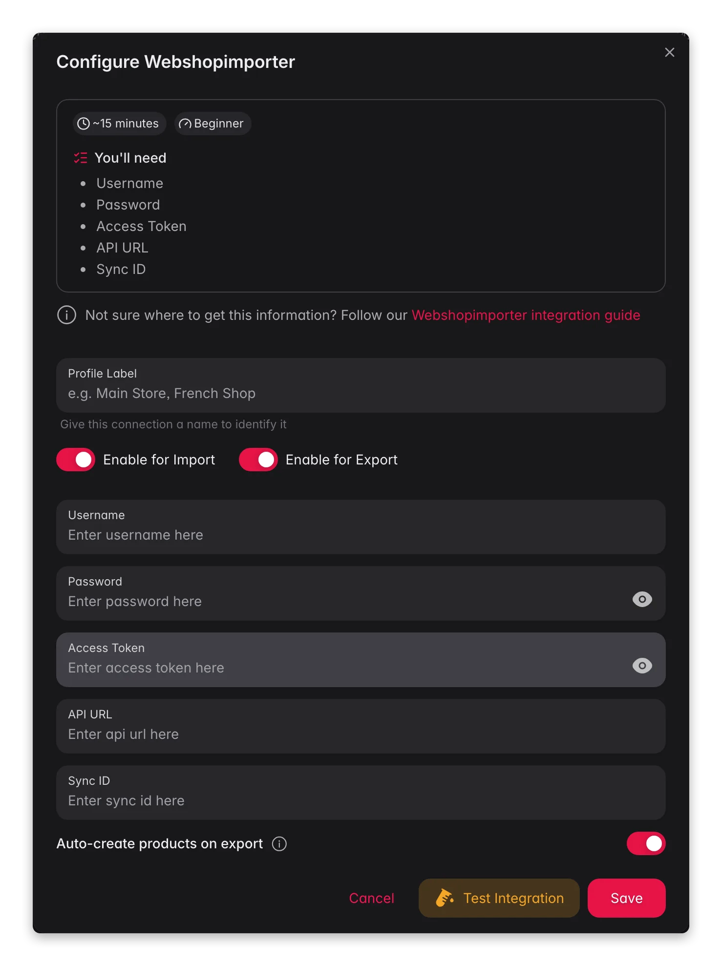 Connecting Webshopimporter to WISEPIM, credentials, locale mapping and a live connection test