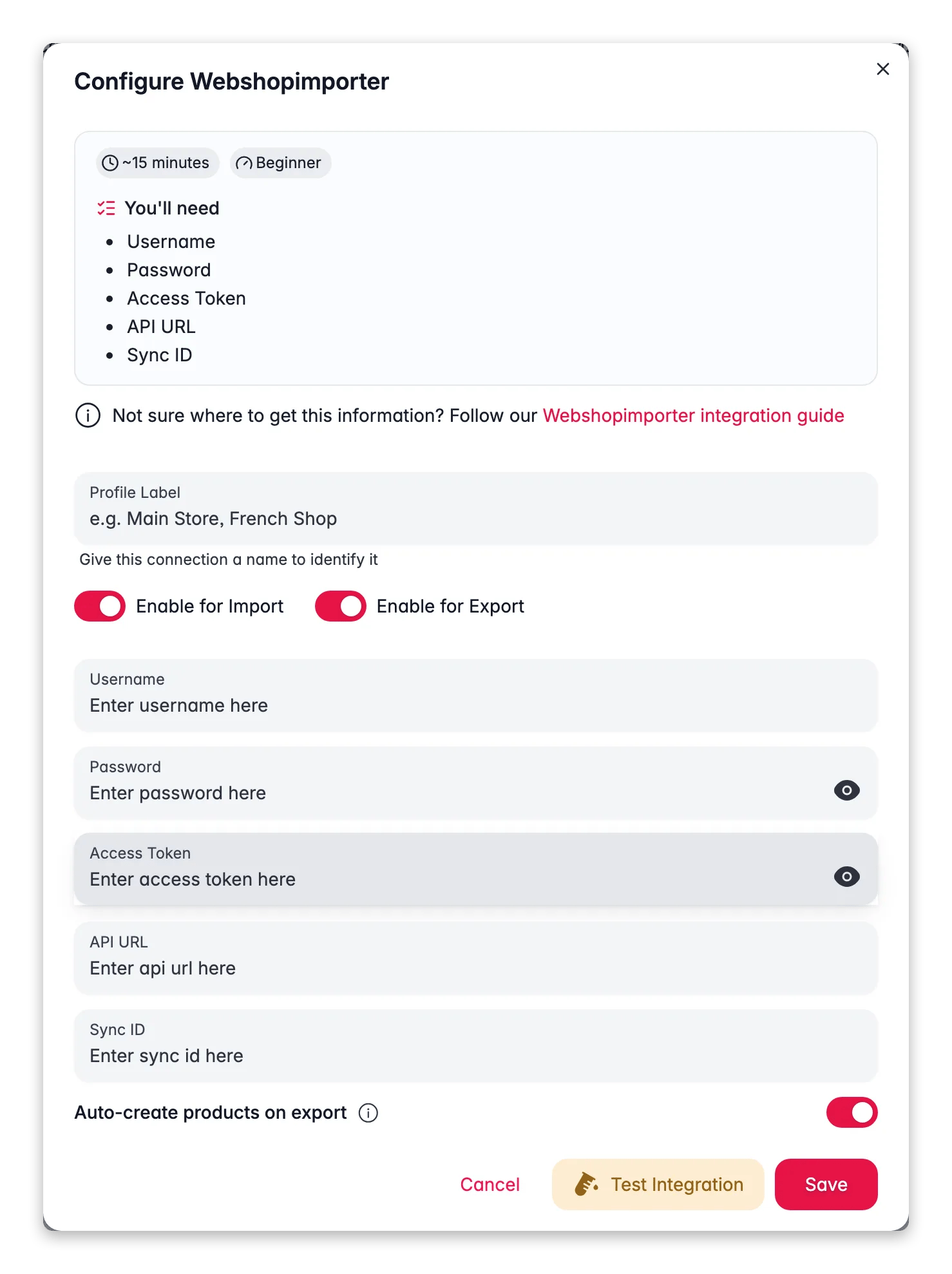 Connecting Webshopimporter to WISEPIM, credentials, locale mapping and a live connection test