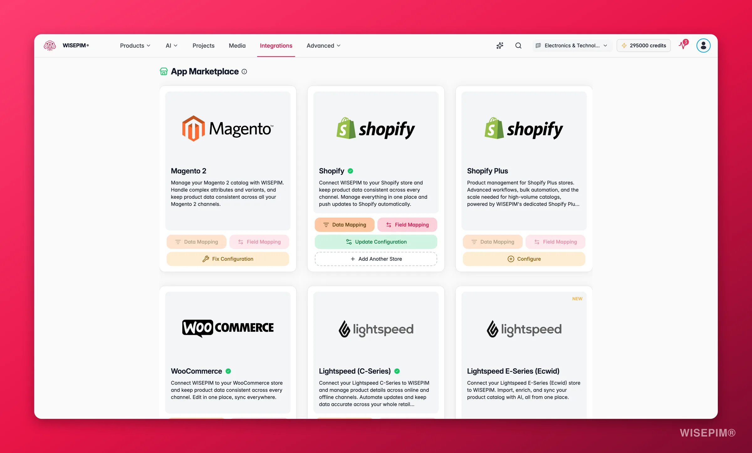 WISEPIM integrations catalog for Shopify, Amazon, WooCommerce and more