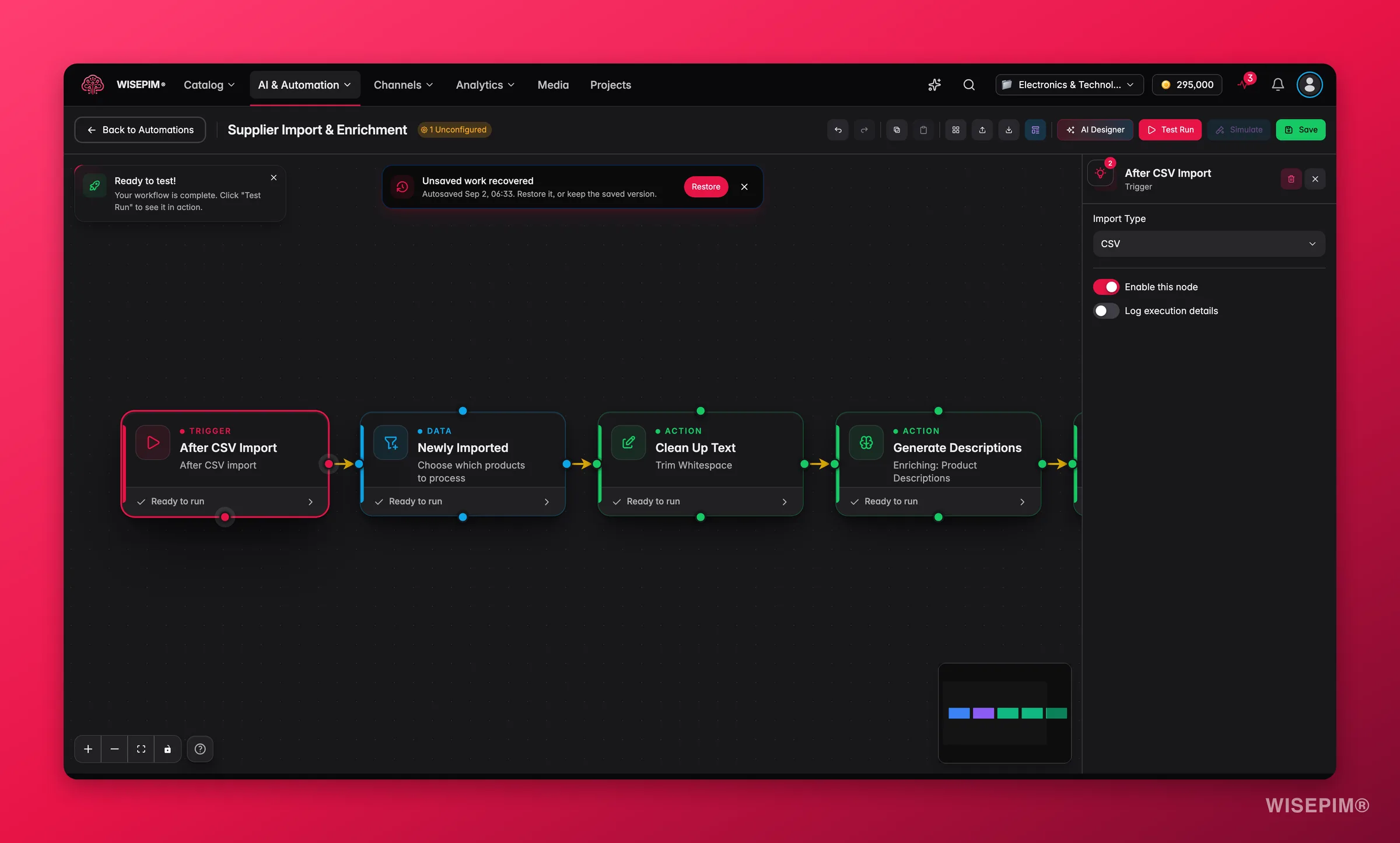 WISEPIM automation - after-import trigger node config in the builder