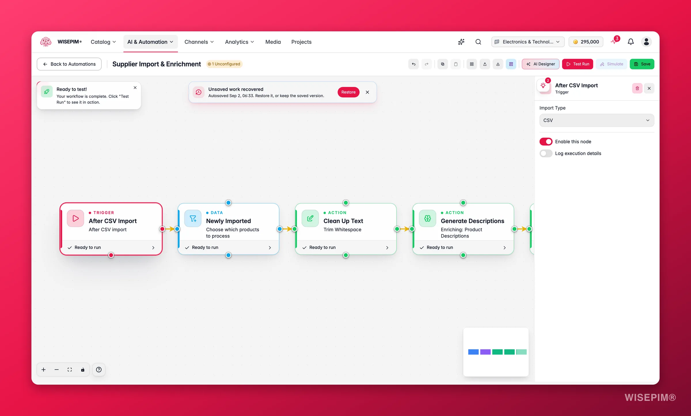 WISEPIM automation - after-import trigger node config in the builder