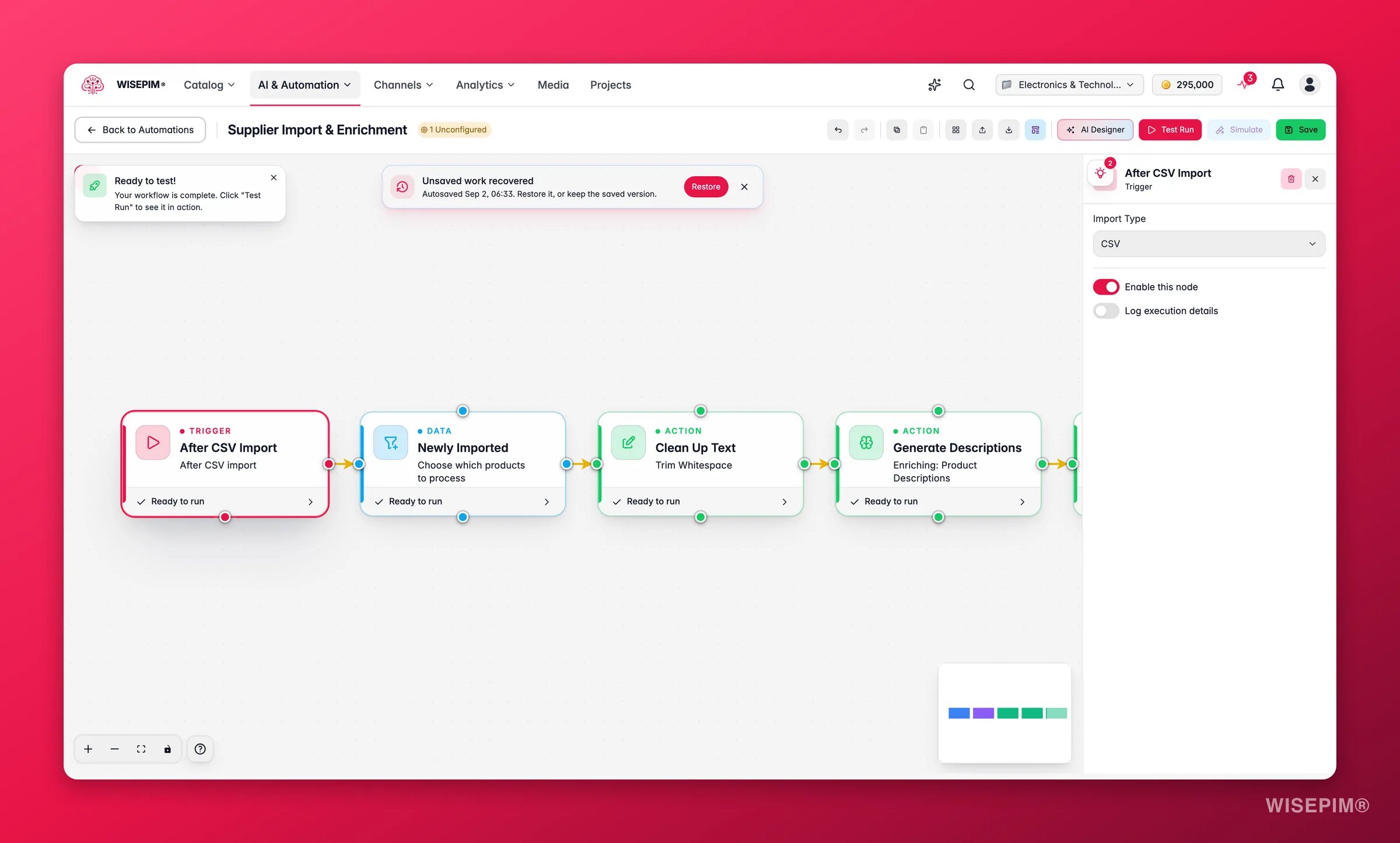 WISEPIM automation - after-import trigger node config in the builder