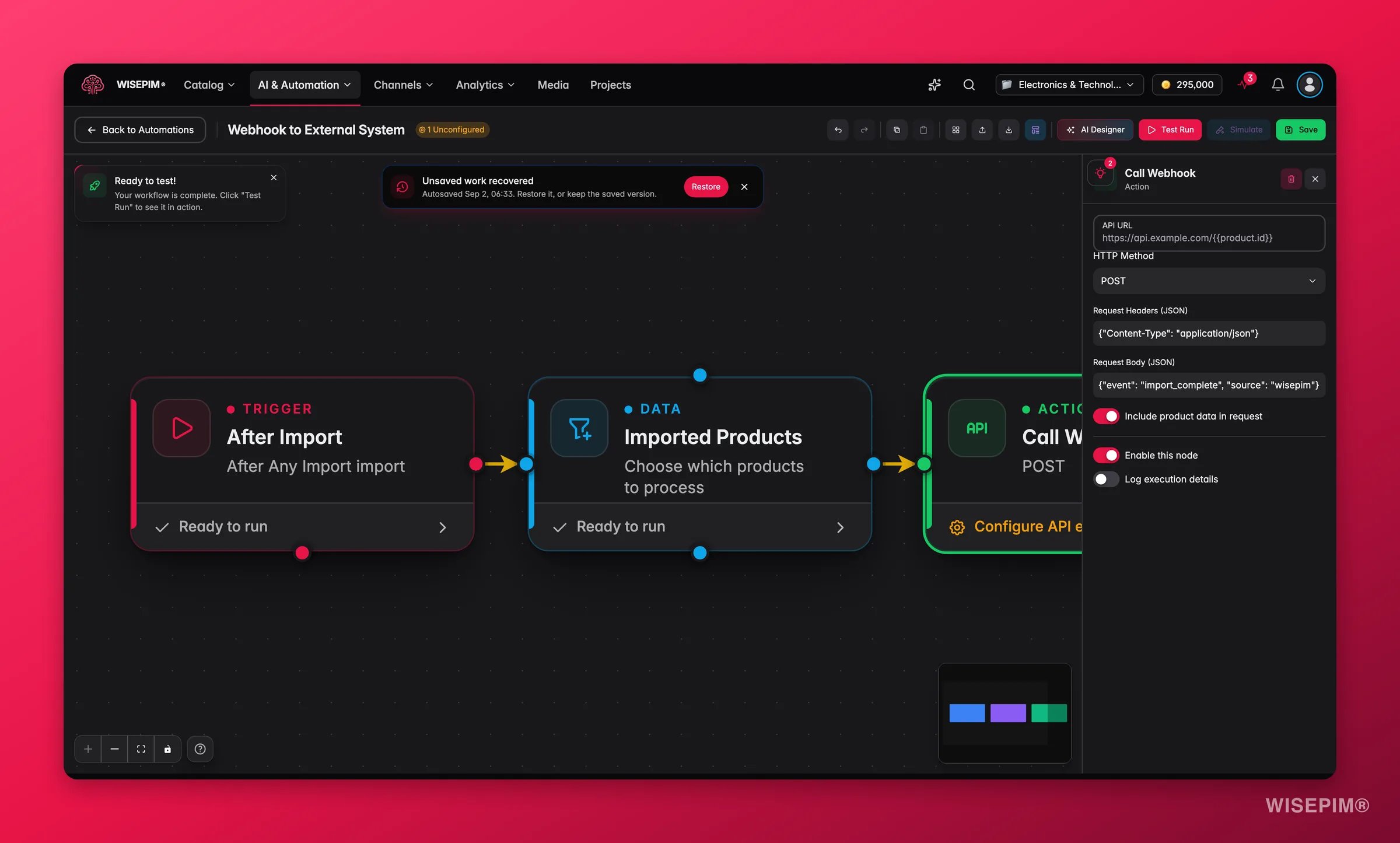 WISEPIM automation - API/webhook node config (URL, method, headers, body) in the builder