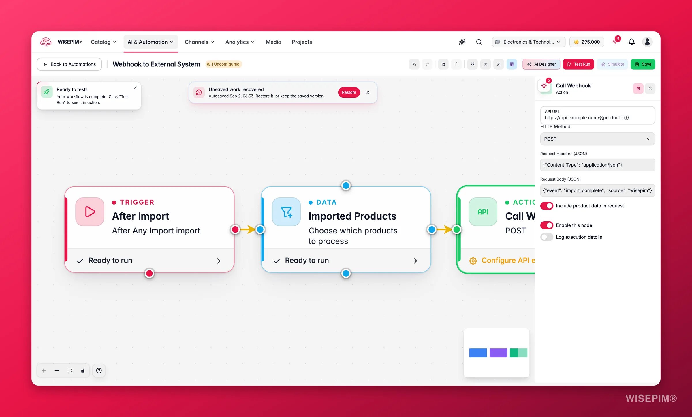 WISEPIM automation - API/webhook node config (URL, method, headers, body) in the builder