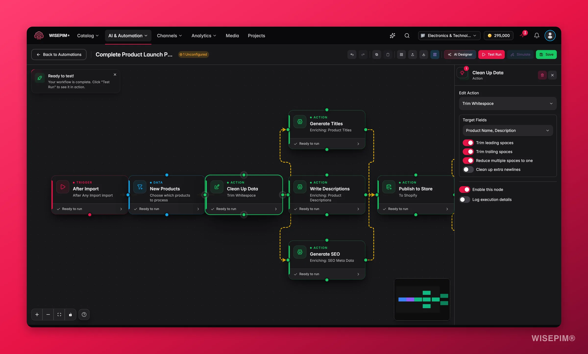 WISEPIM automation, bulk-edit node config (operation + target fields) in the builder