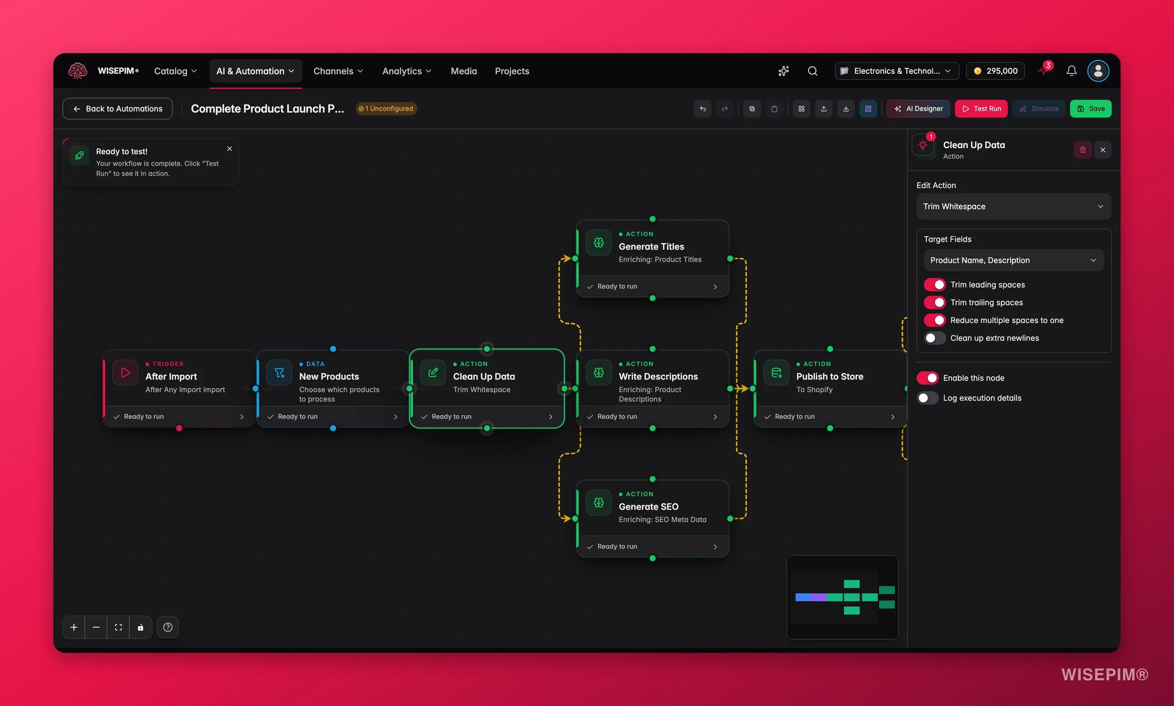 WISEPIM automation, bulk-edit node config (operation + target fields) in the builder