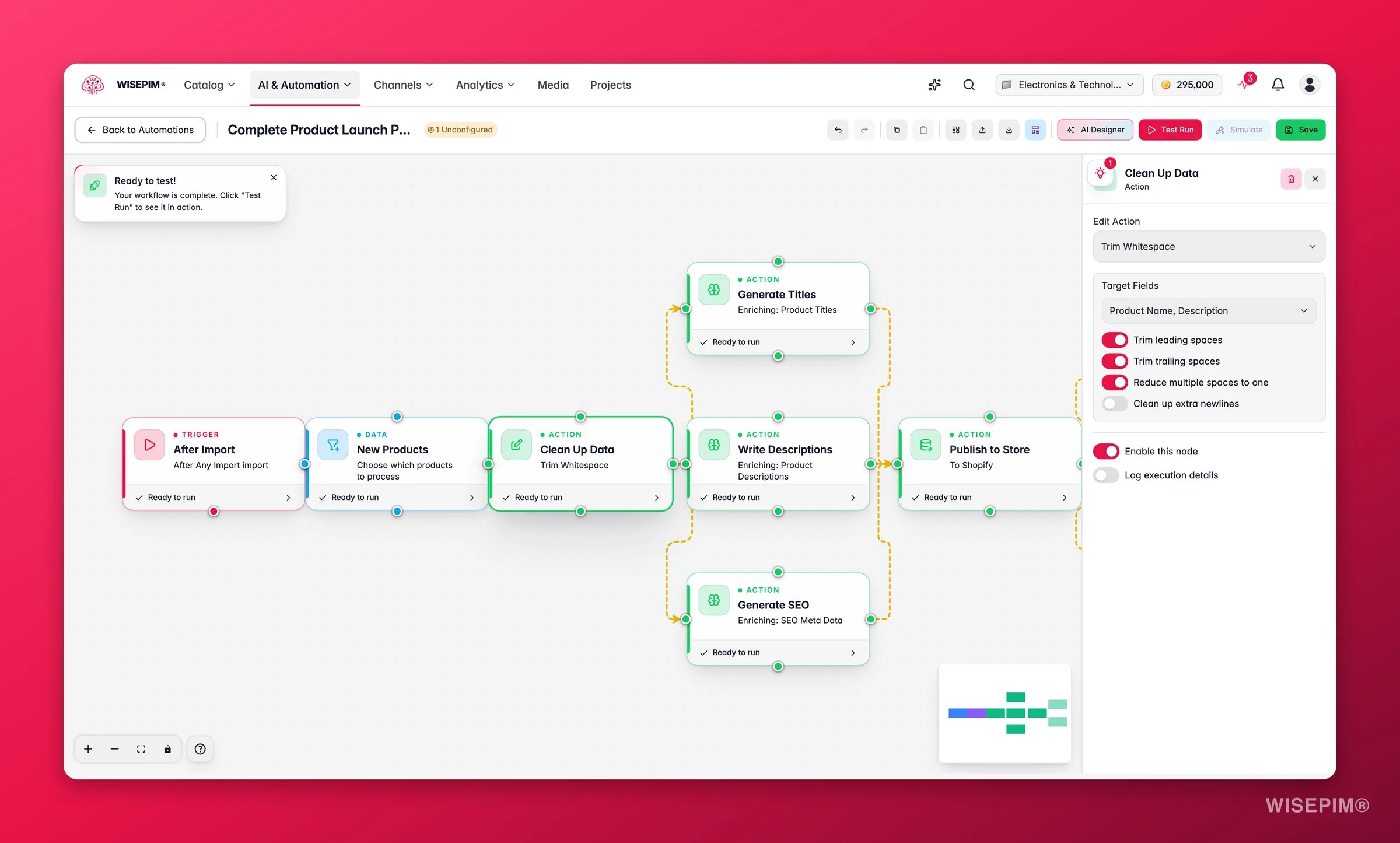 WISEPIM automation, bulk-edit node config (operation + target fields) in the builder