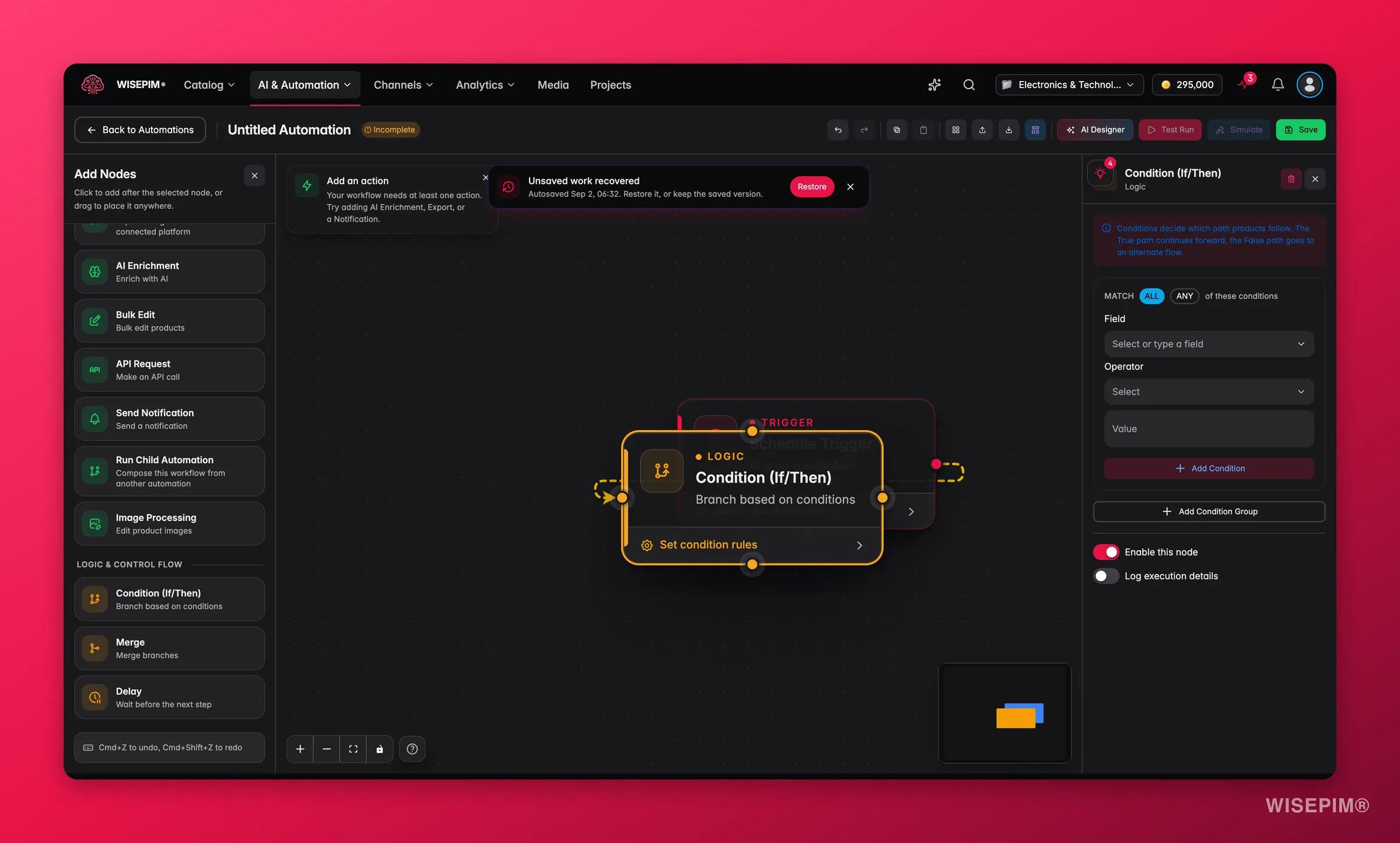 WISEPIM automation - condition (if/then) logic node config with condition groups in the builder